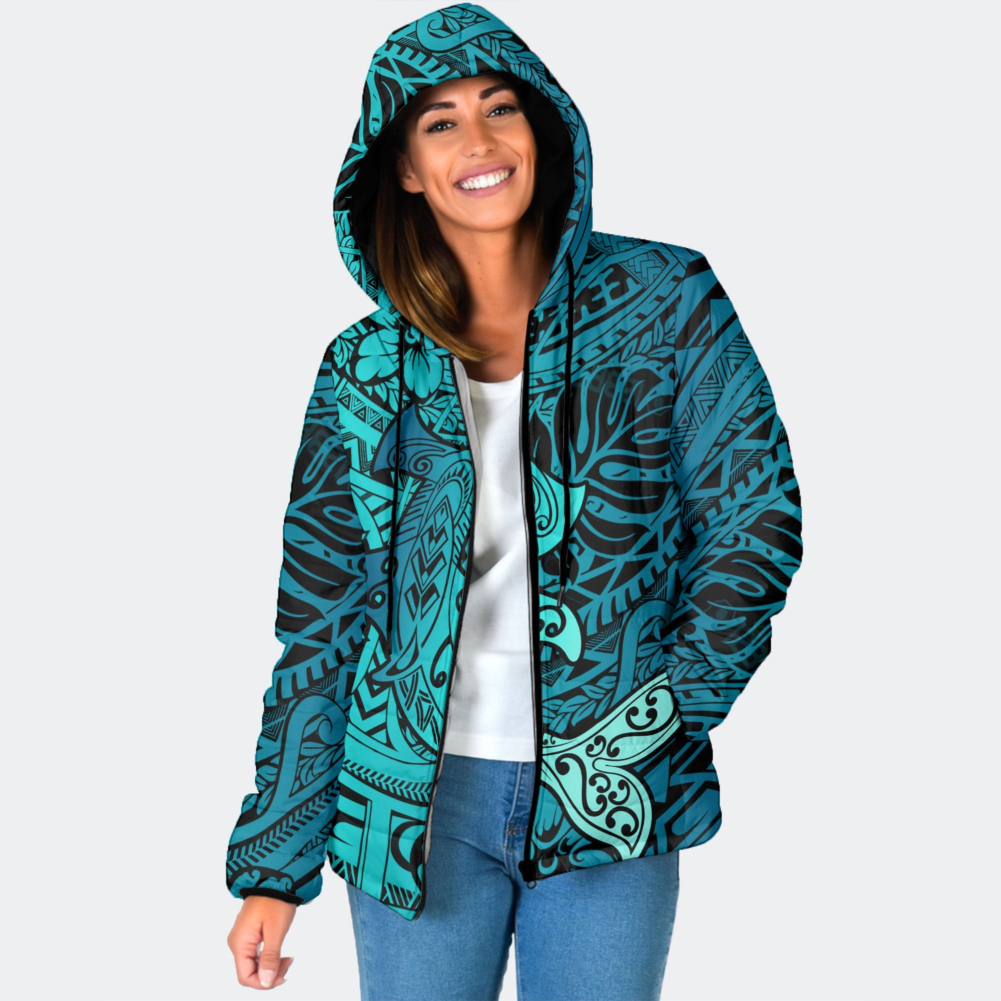 Hawaii Hammerhead Shark Women Hooded Padded Jacket Light See Blue Style