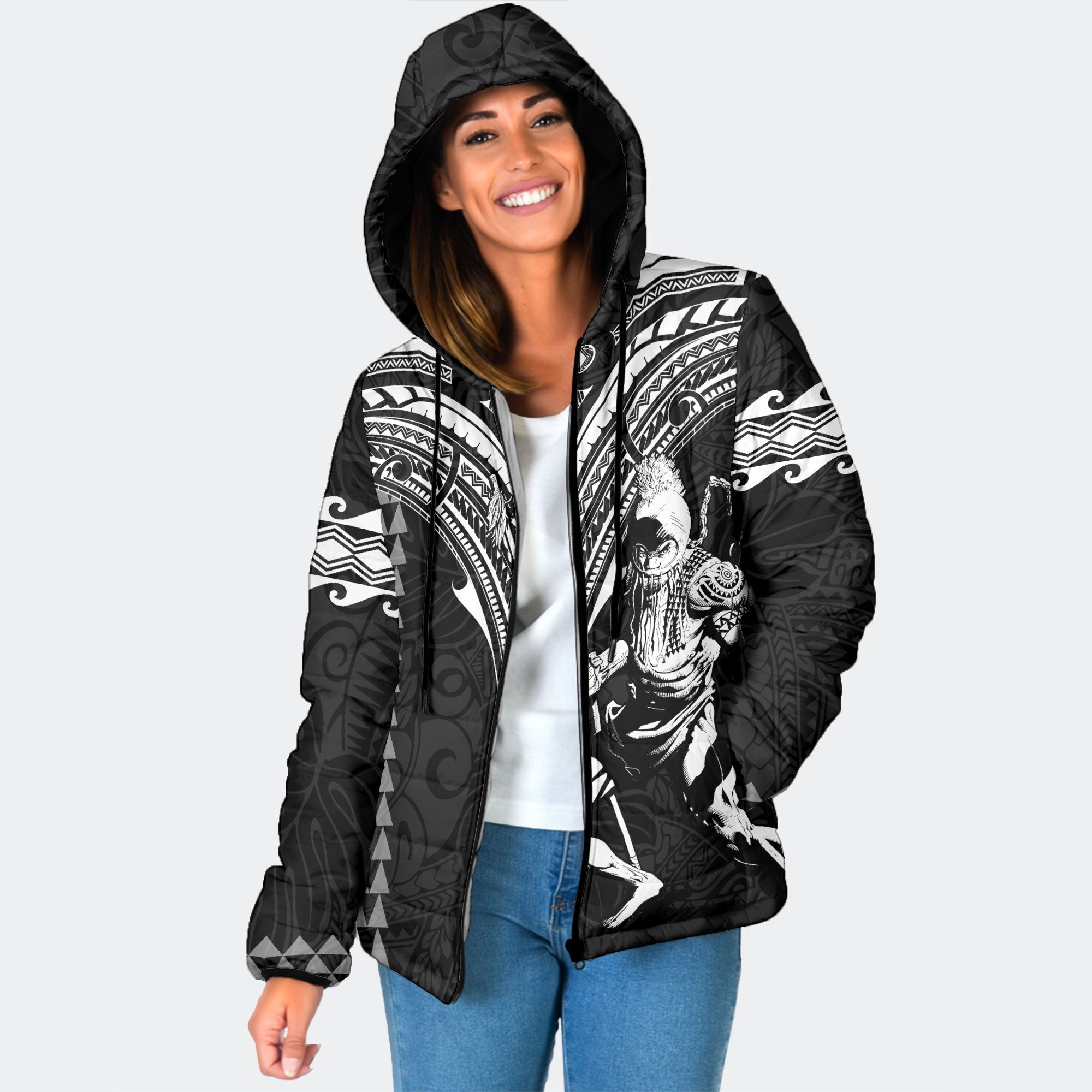 Custom Hawaii Ikaika Warrior Women Hooded Padded Jacket Polynesian Tattoo Style