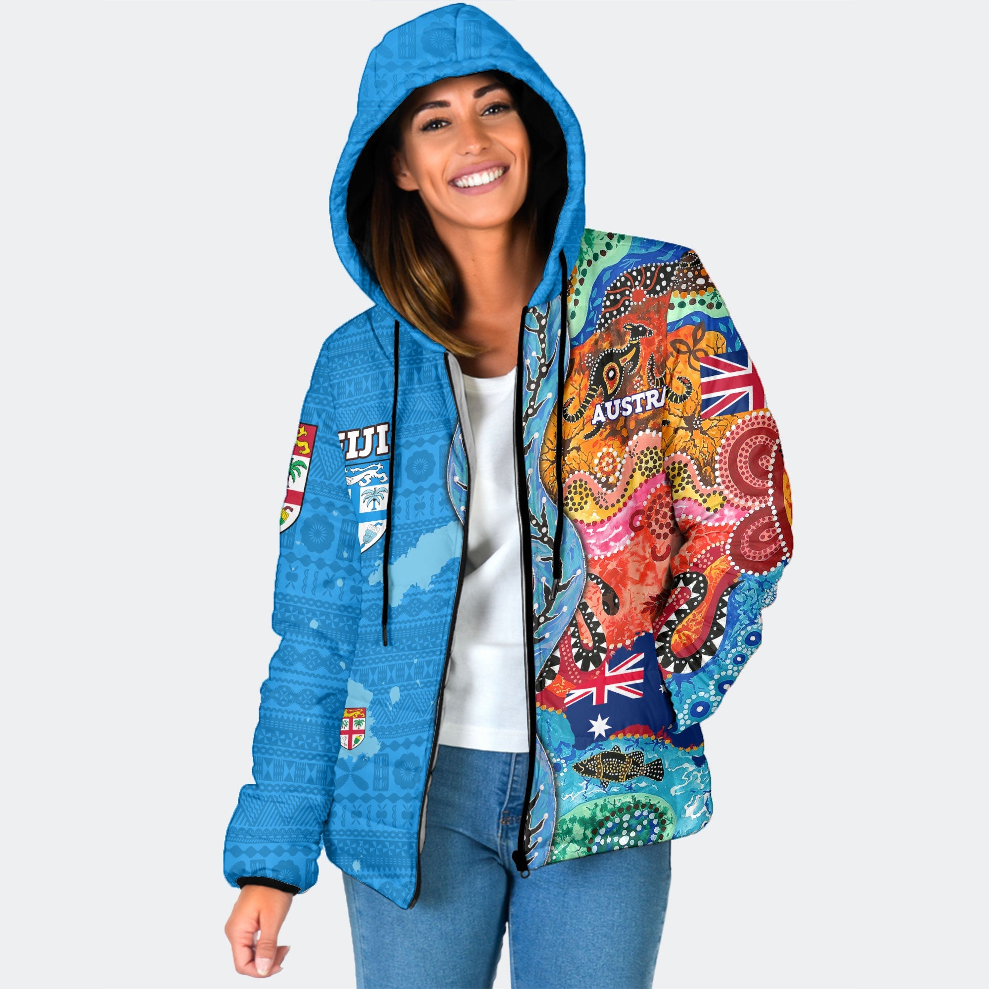 Custom Fiji Tapa & Australia Aboriginal Women Hooded Padded Jacket