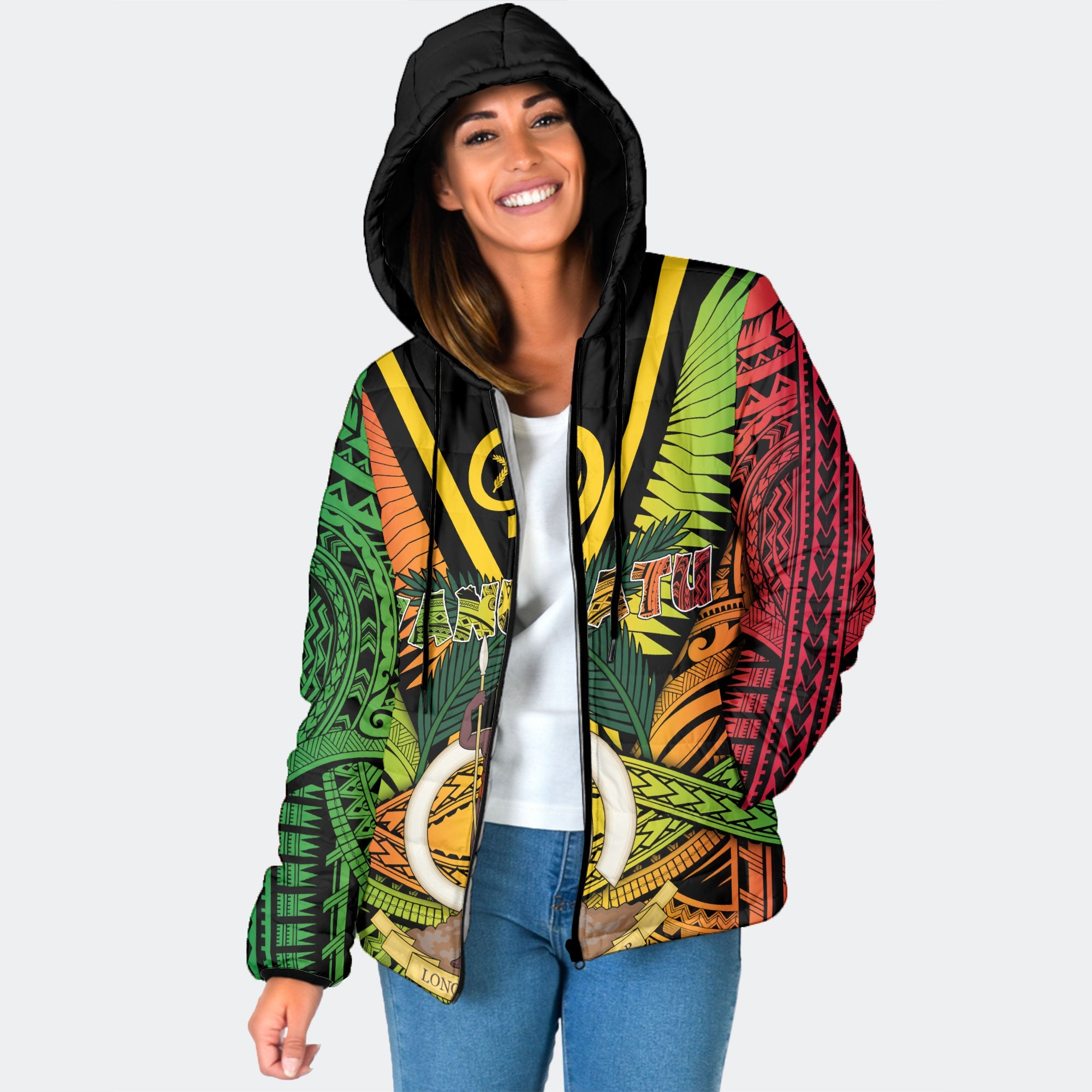 Vanuatu Women Hooded Padded Jacket Coat Of Arms Reggae Style