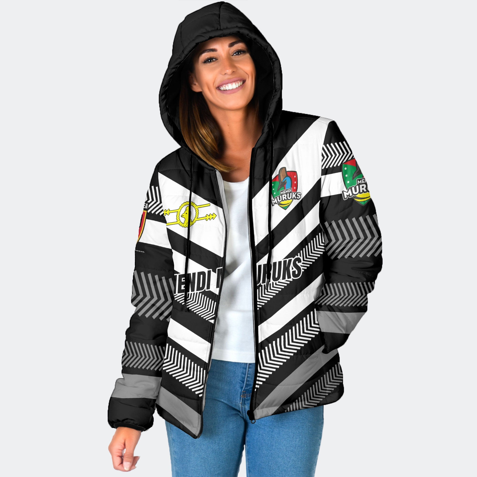 Custom Mendi Muruks Women Hooded Padded Jacket Papua New Guinea Rugby Black & White Style