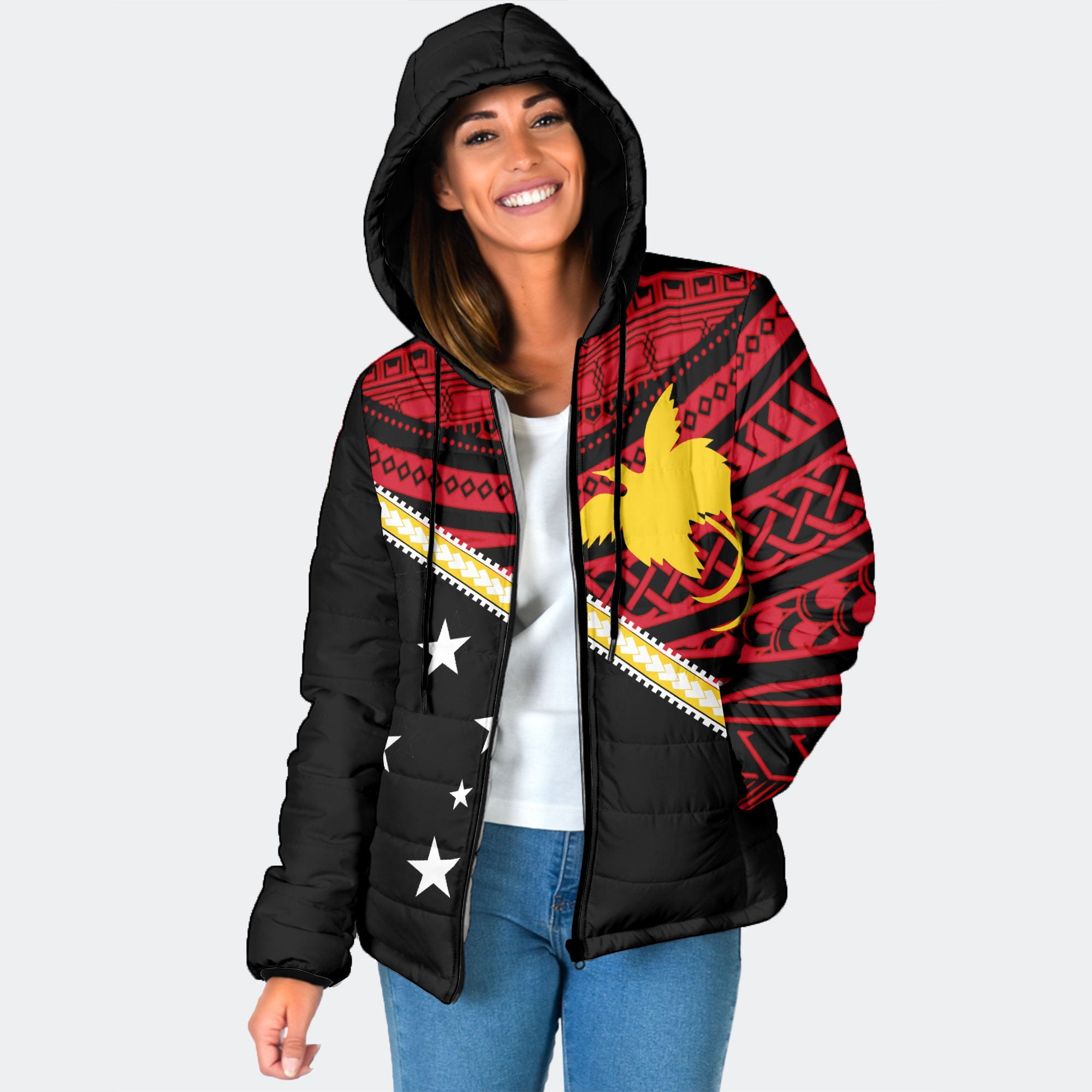 Papua New Guinea Women Hooded Padded Jacket Polynesian Flag Style