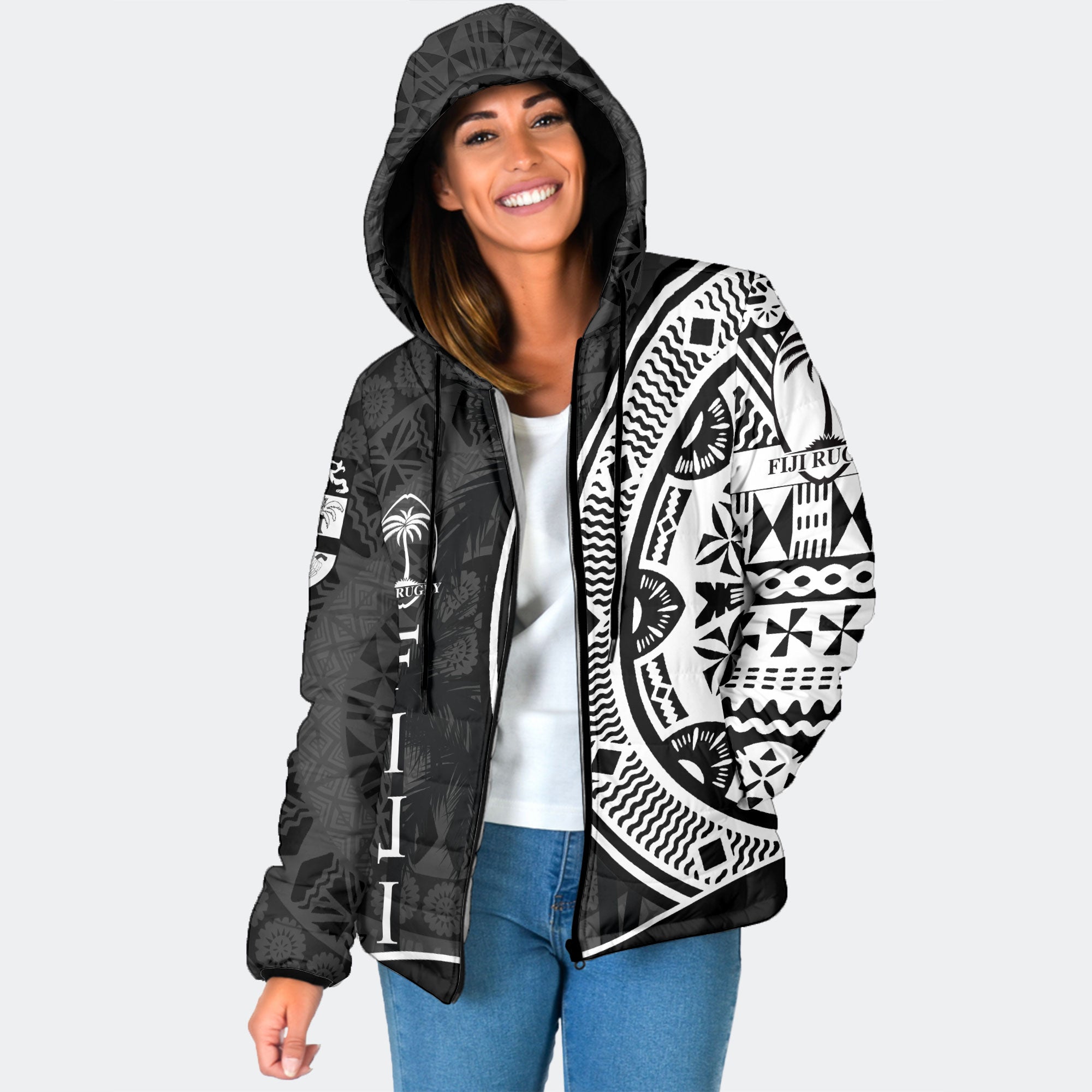 Custom Fiji Rugby Women Hooded Padded Jacket