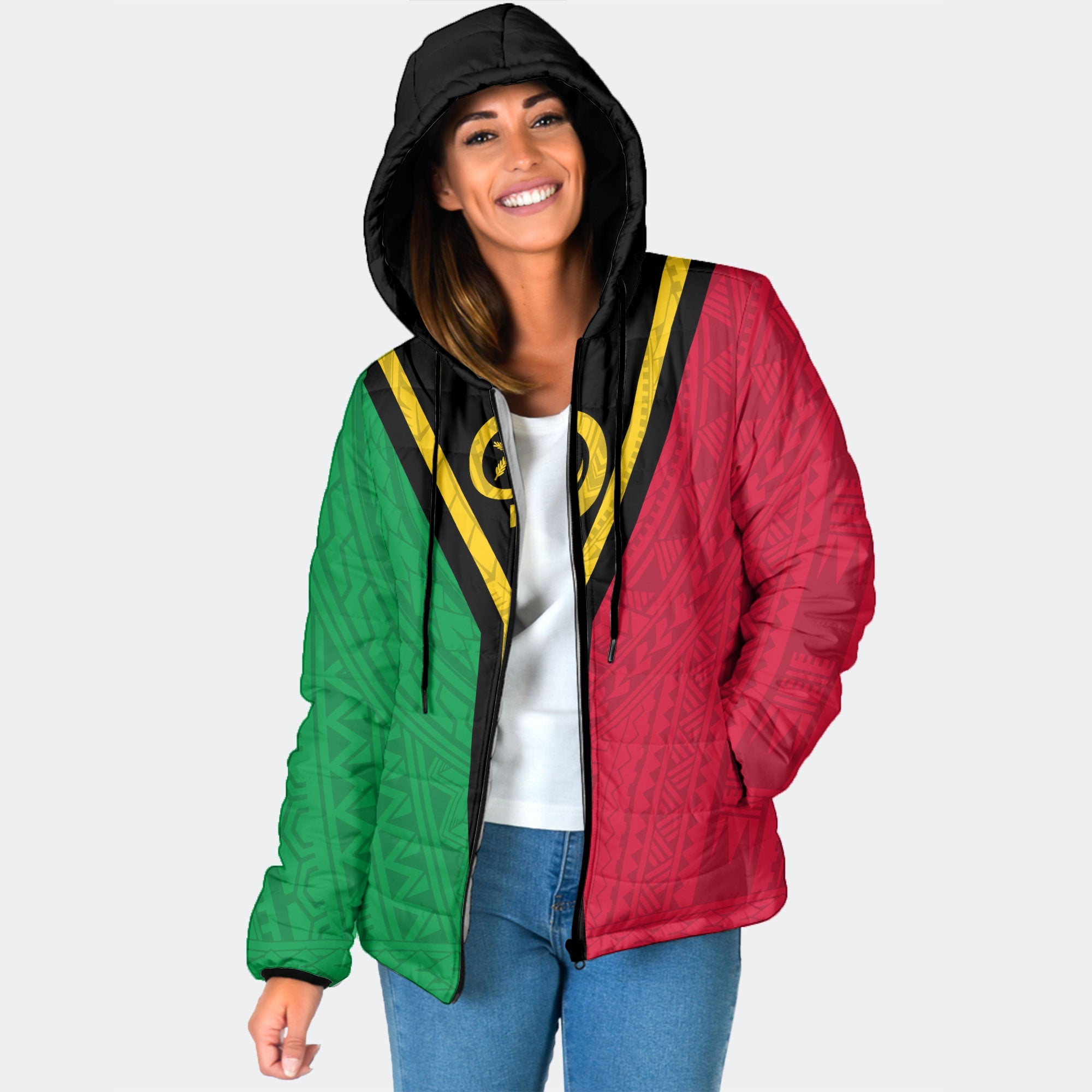 Vanuatu Women Hooded Padded Jacket Polynesian Flag Style