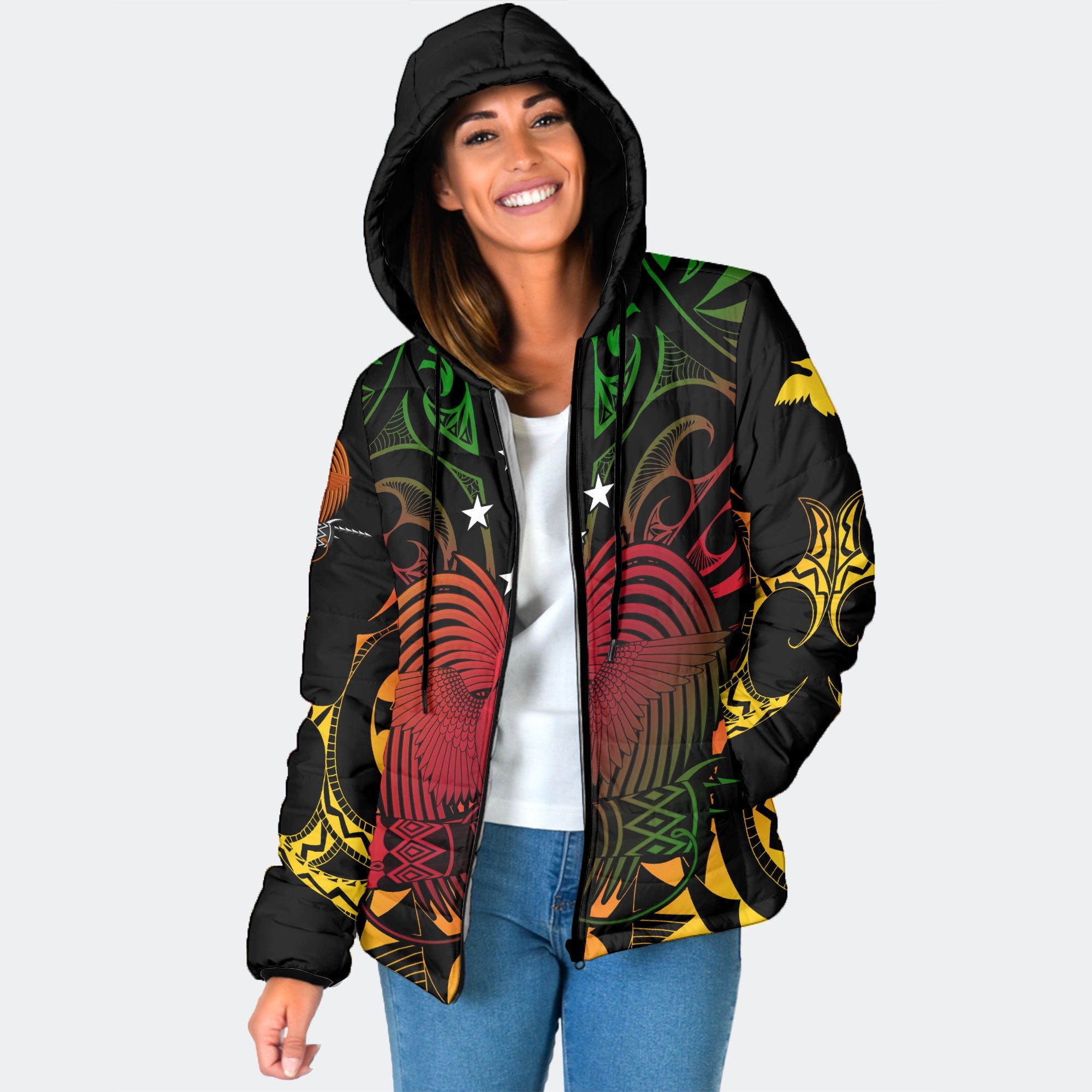 Papua New Guinea Women Hooded Padded Jacket Unity In Diversity Motto