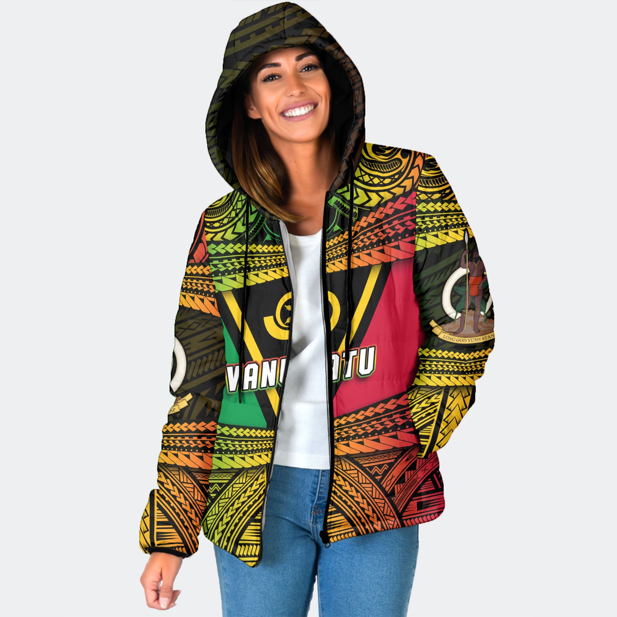 Custom Vanuatu Flag & Coat Of Arms Women Hooded Padded Jacket Reggae Style