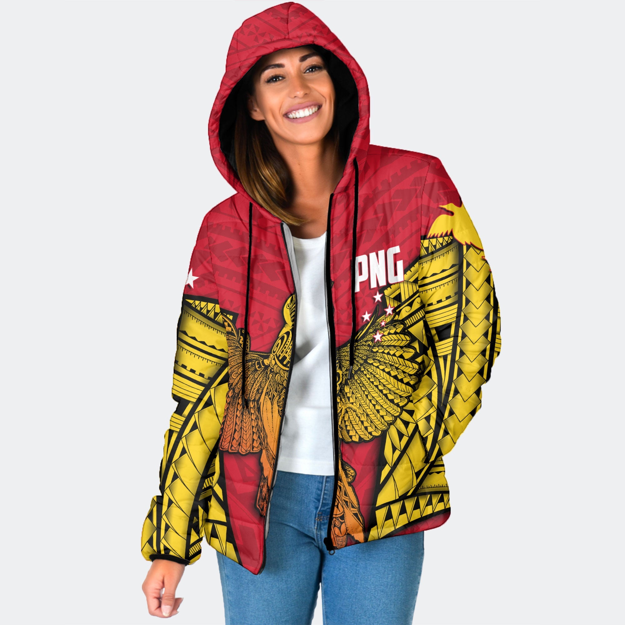 Papua New Guinea Independence Day Women Hooded Padded Jacket Raggiana Bird of Paradise Style