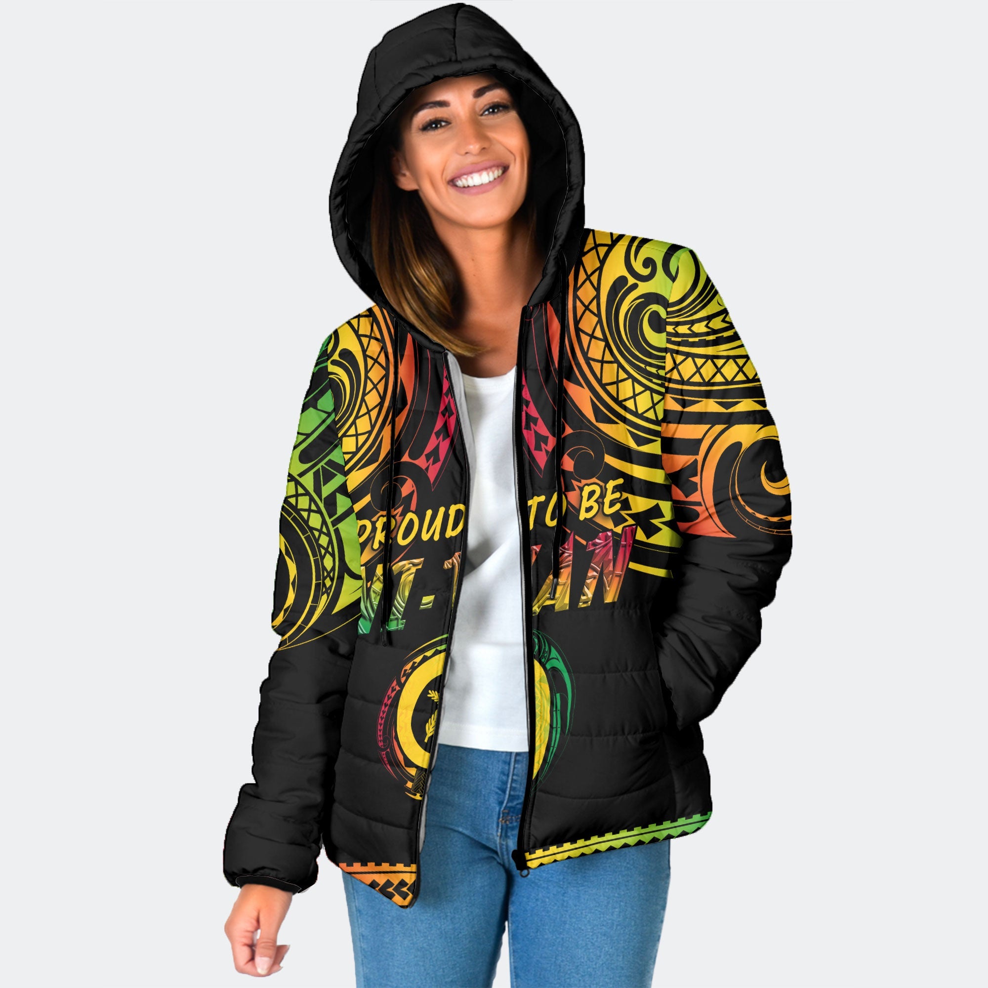 Vanuatu Proud To Be Ni-Van Women Hooded Padded Jacket Coat Of Arms Reggae Style