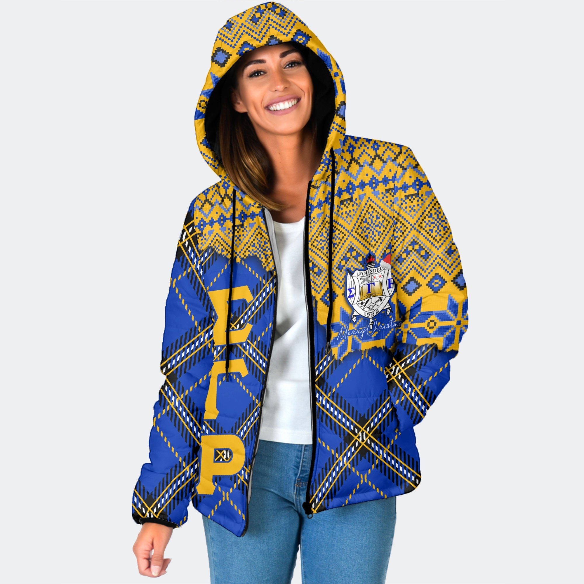 Sorority Jacket - Christmas Sigma Gamma Rho Girl Women Hooded Padded Jacket Plaid Background Style