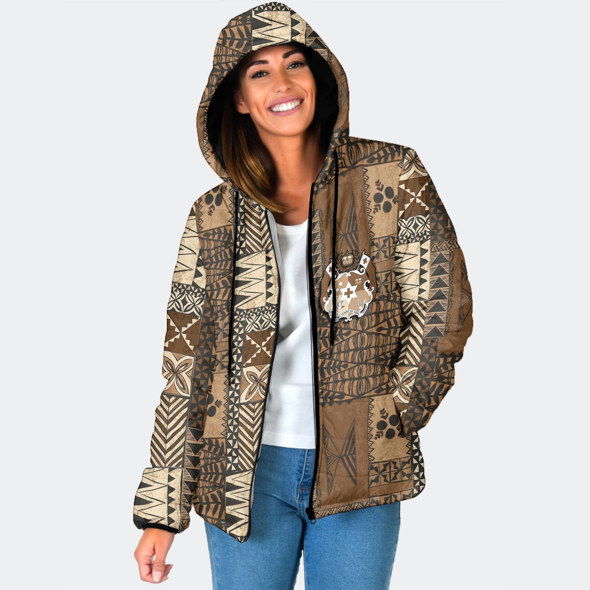 Custom Tonga Women Hooded Padded Jacket Ngatu Tapa Style