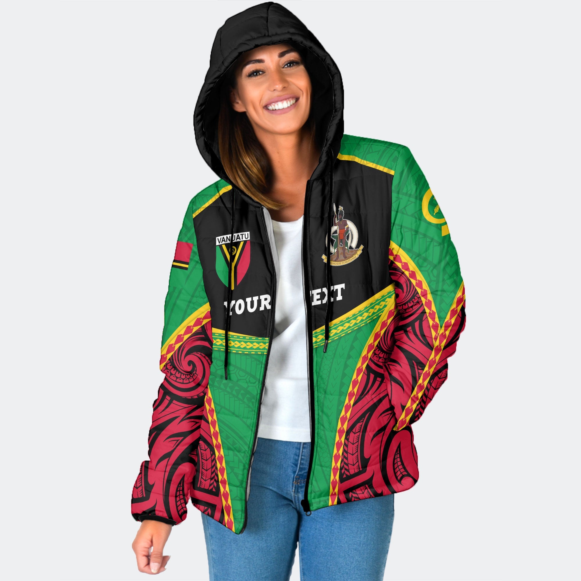 Custom Vanuatu Flag & Coat Of Arms Women Hooded Padded Jacket Black Style