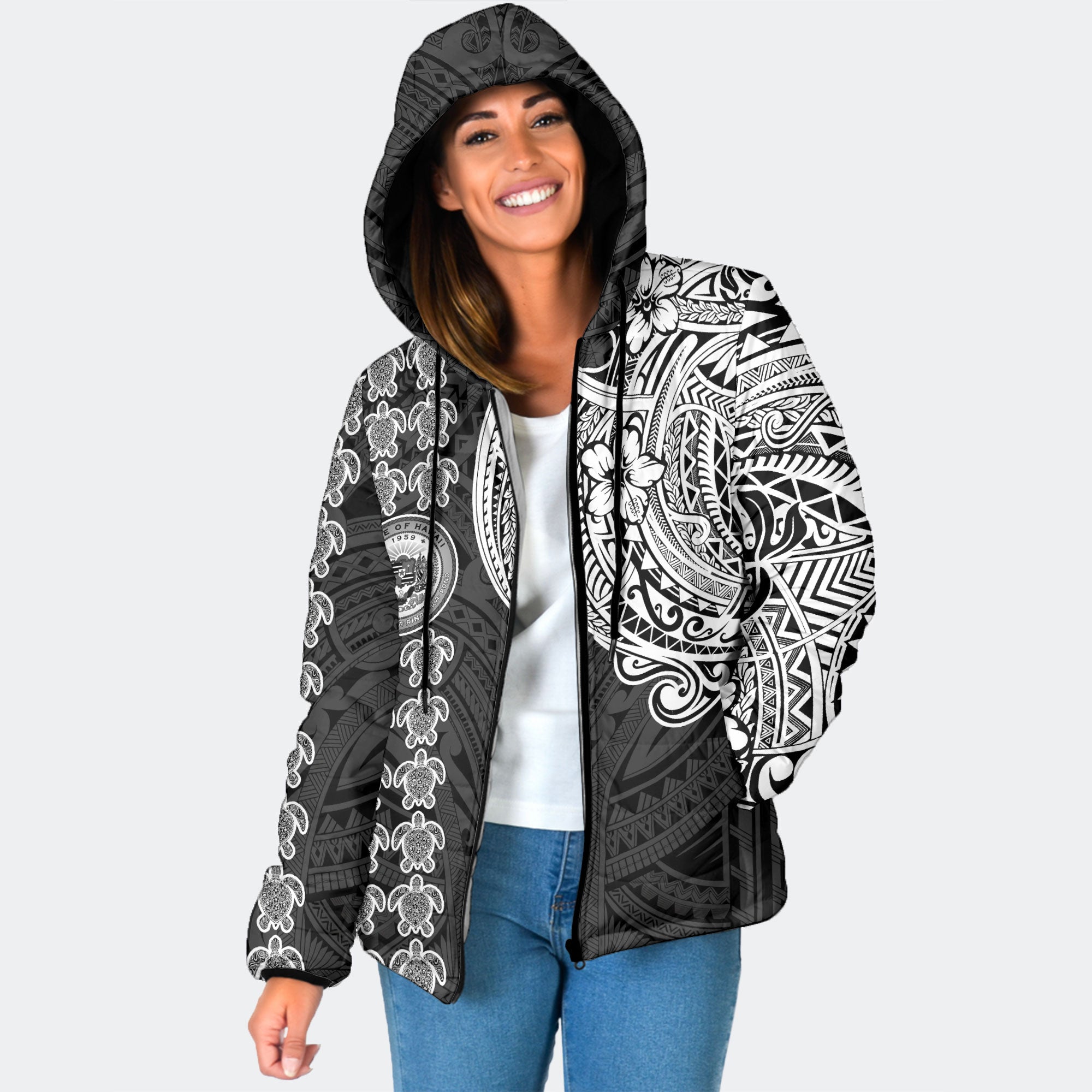 Hawaii Seal Polynesian Turtle Line Women Hooded Padded Jacket