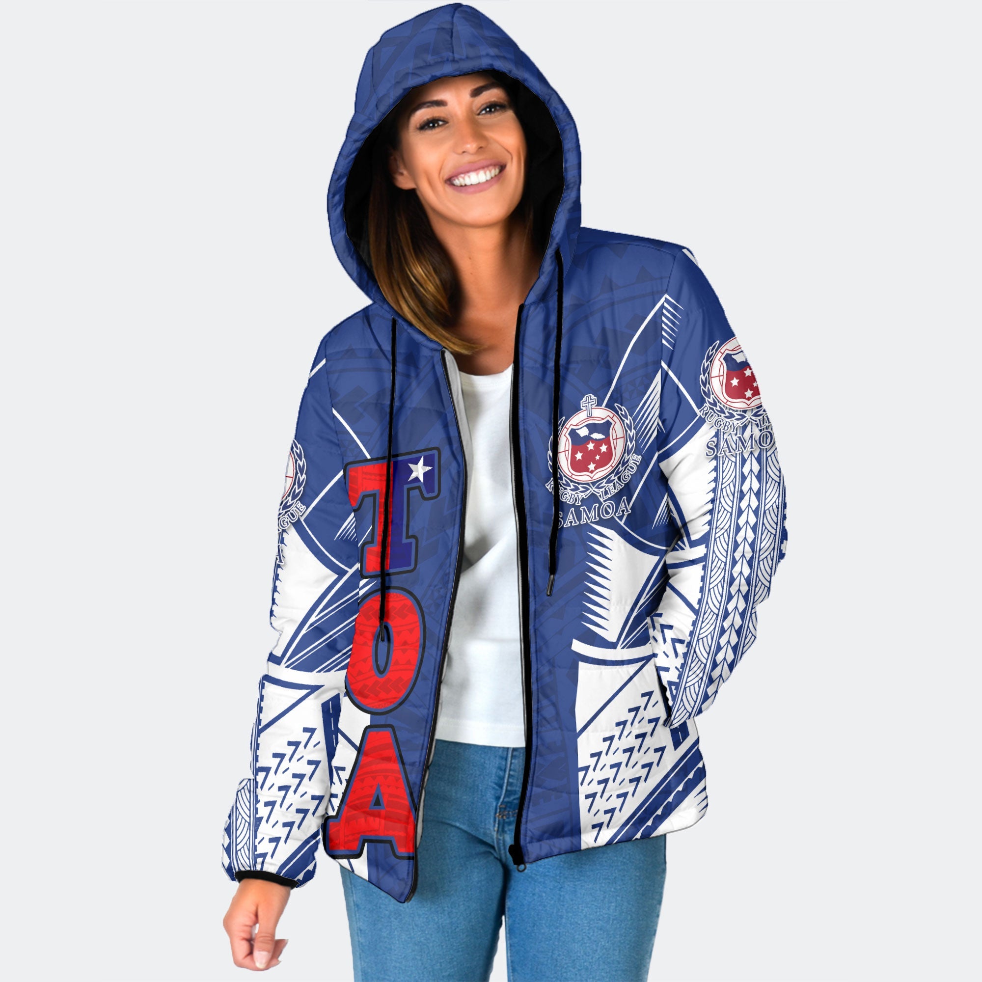 Custom TOA Samoa Rugby Women Hooded Padded Jacket