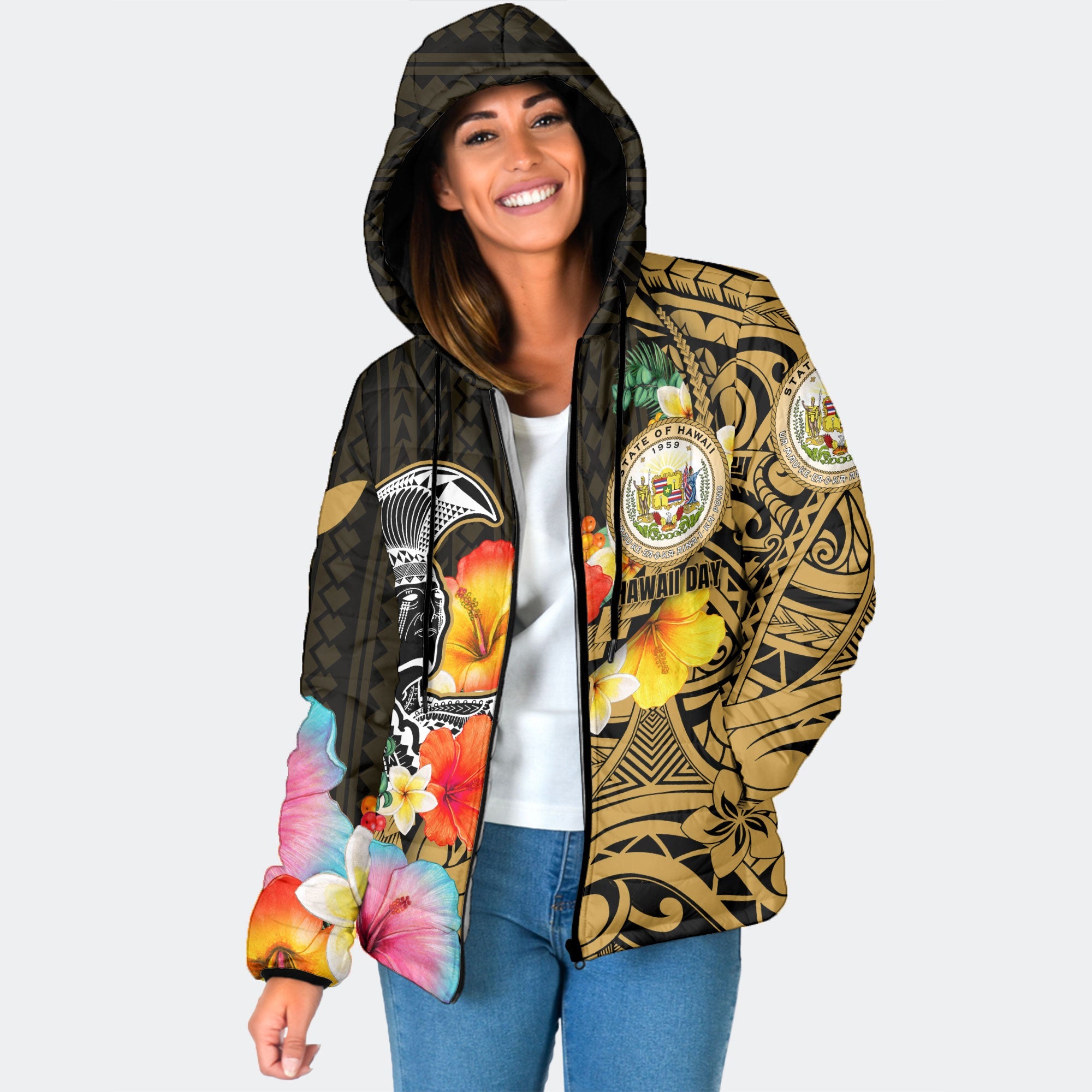 Hawaii Day King Kamehameha Women Hooded Padded Jacket