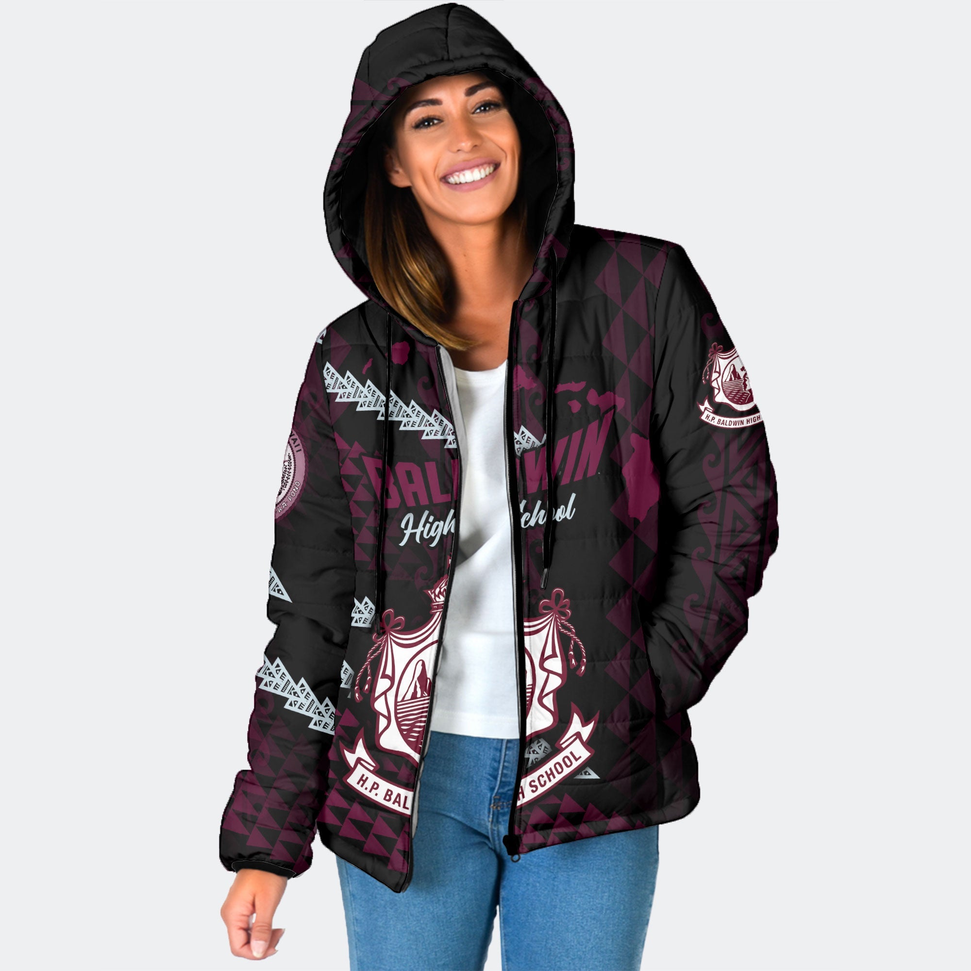 Hawaii Baldwin High School Custom Women Hooded Padded Jacket Map Style