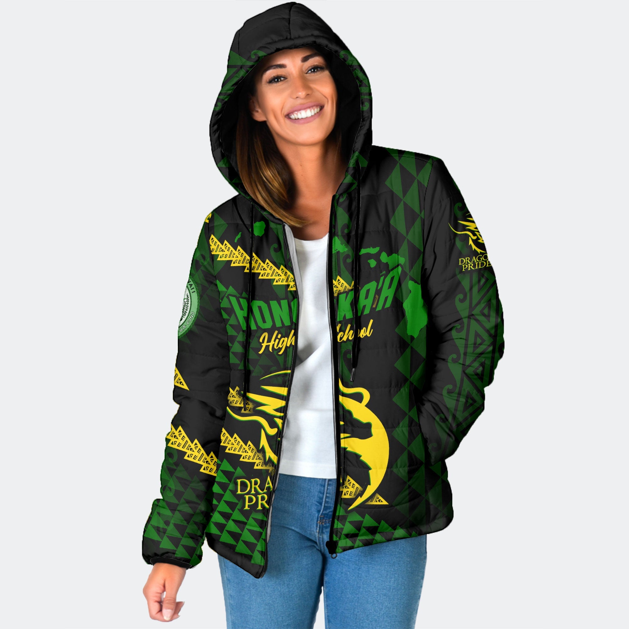 Hawaii Honoka High & Intermediate School Custom Women Hooded Padded Jacket Map Style