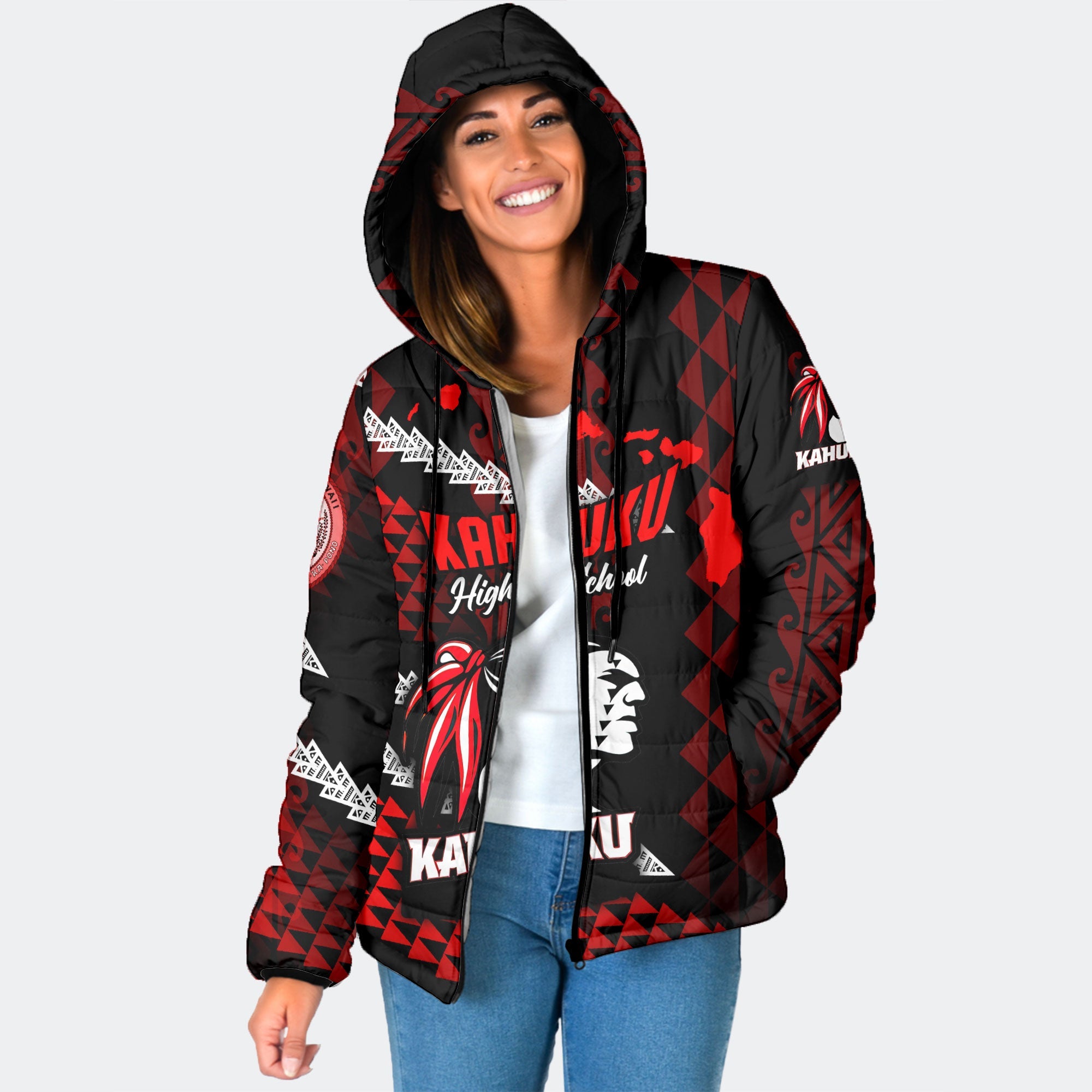 Hawaii Kahuku High & Intermediate School Custom Women Hooded Padded Jacket Map Style