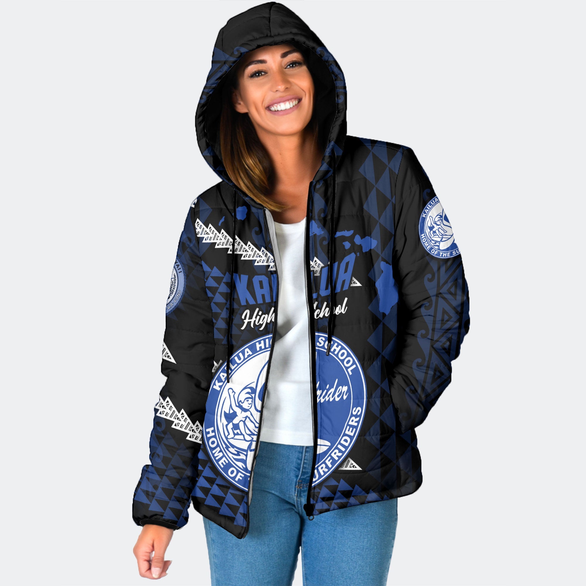 Hawaii Kailua High School Custom Women Hooded Padded Jacket Map Style