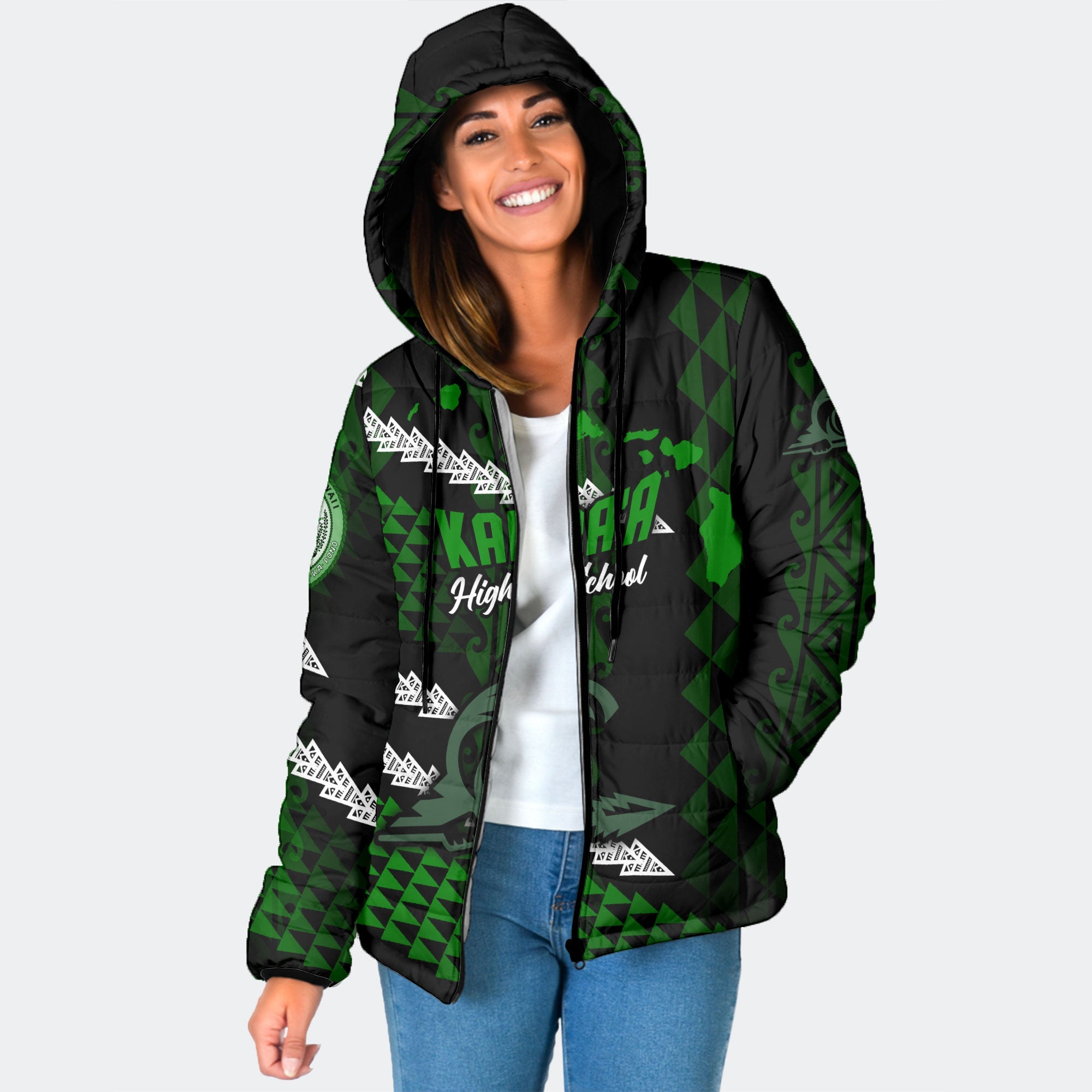 Hawaii Kapaa High School Custom Women Hooded Padded Jacket Map Style