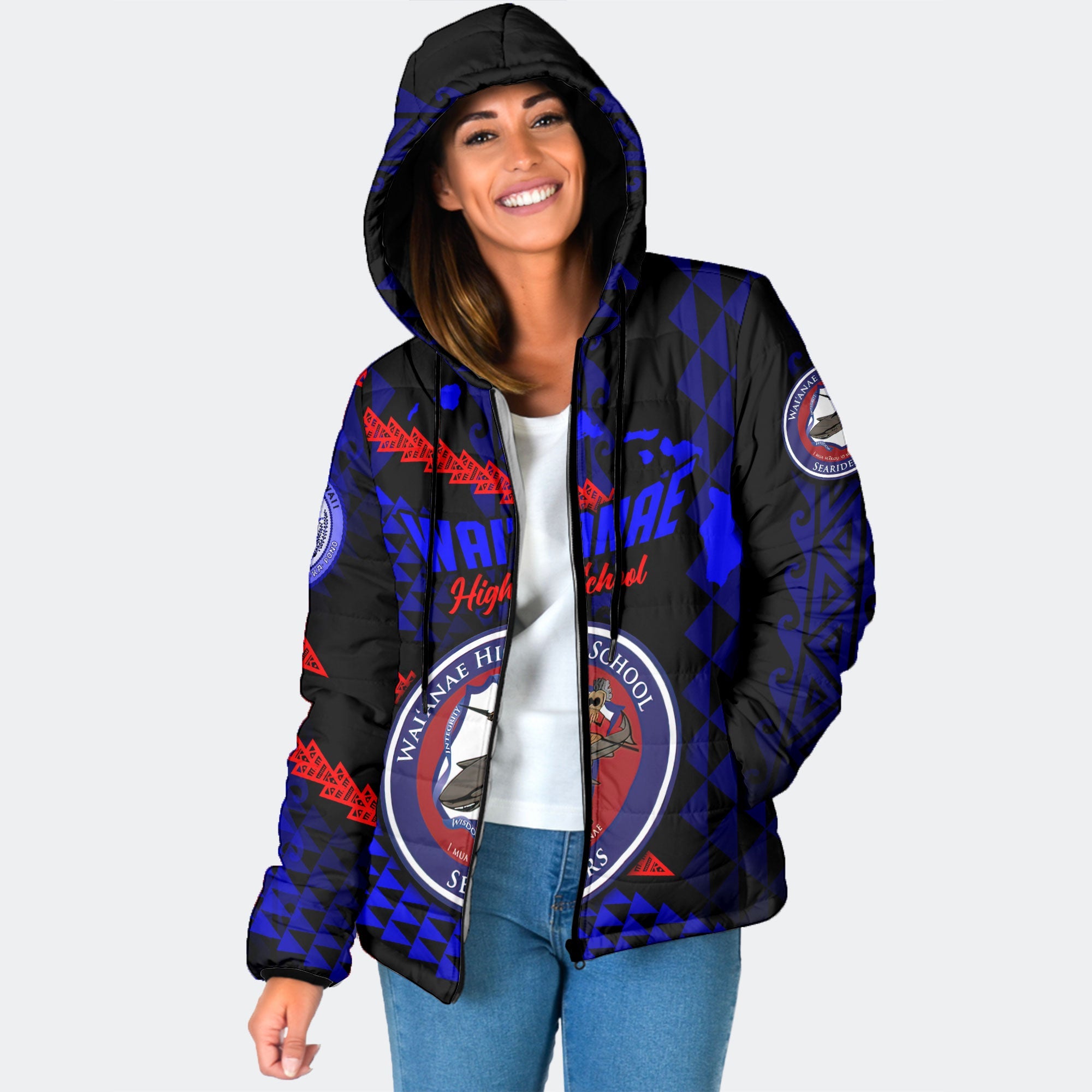 Hawaii Waianae High School Custom Women Hooded Padded Jacket Map Style