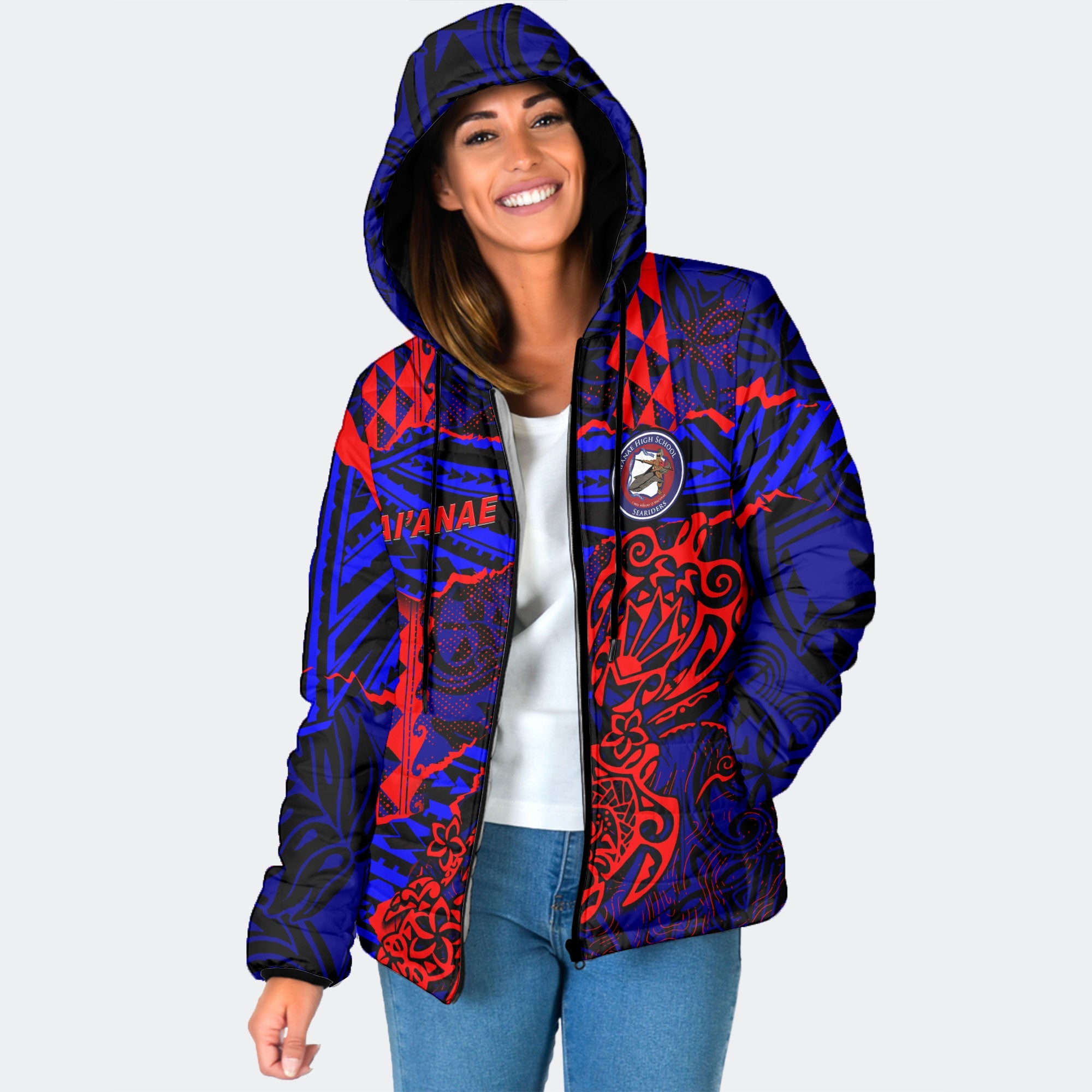 Hawaii Waianae High School Custom Women Hooded Padded Jacket Polynesian Turtle Style