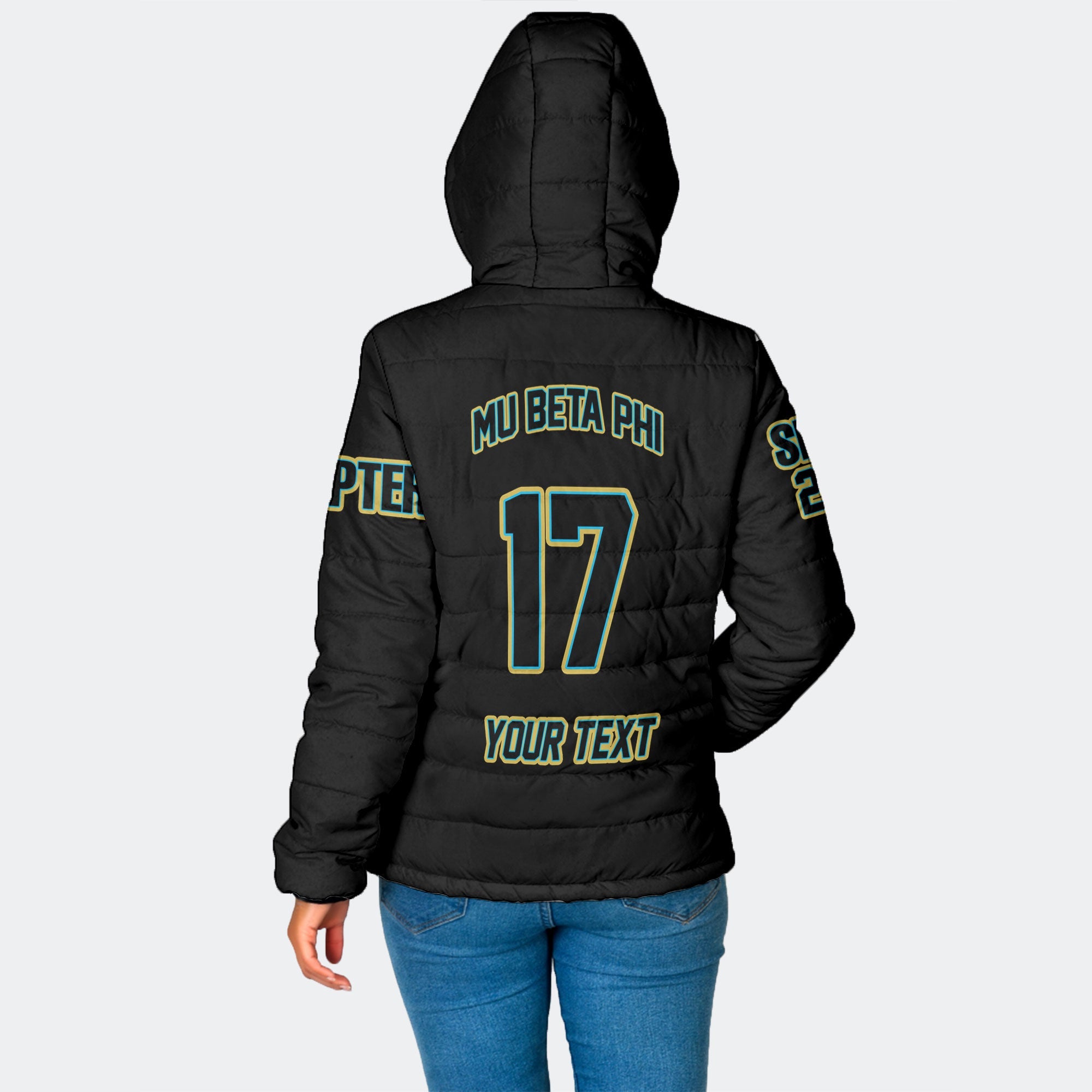 Fraternity Jacket - Personalized Mu Beta Phi Women Hooded Padded Jacket Original Black Style