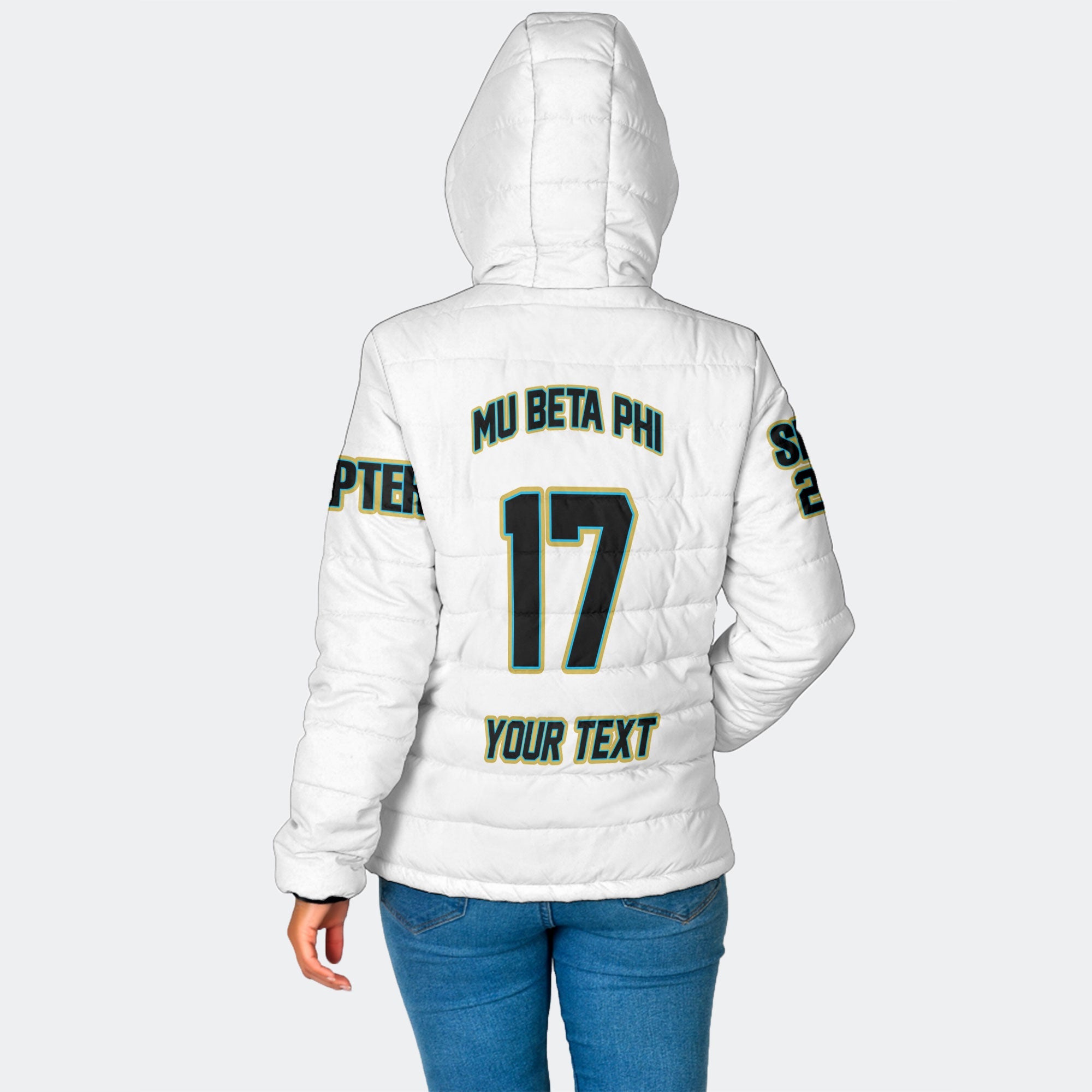 Fraternity Jacket - Personalized Mu Beta Phi Women Hooded Padded Jacket Original White Style