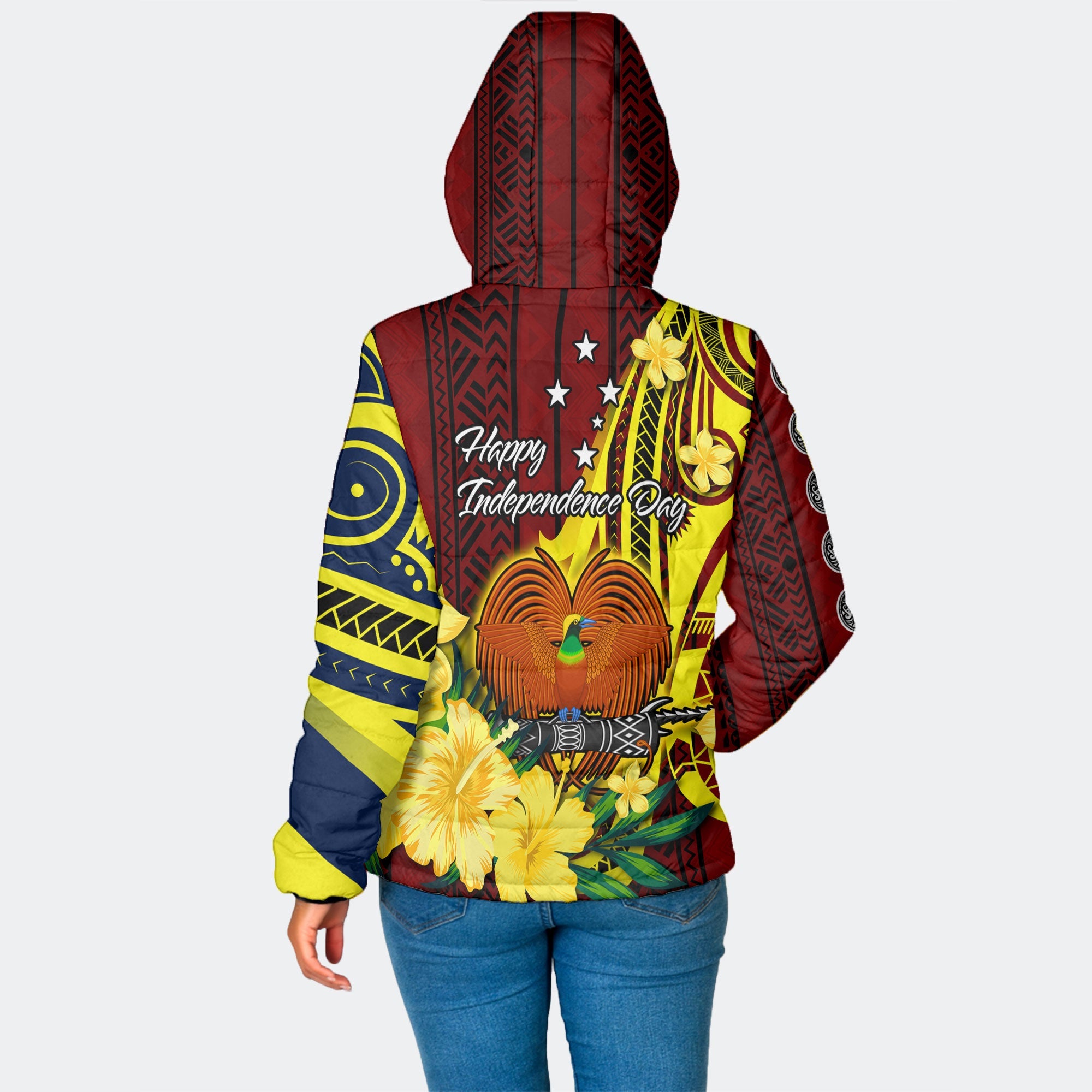 Custom Papua New Guinea Women Hooded Padded Jacket Polynesian PNG Bird Independence Day - LH1