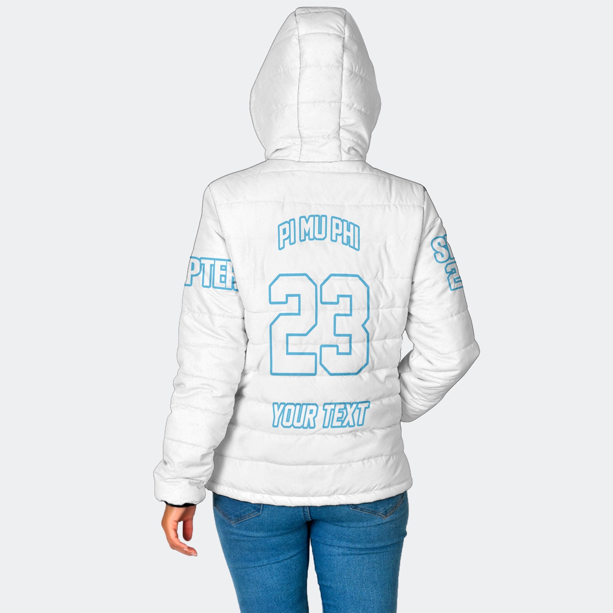 Sorority Jacket - Personalized Pi Mu Phi Women Hooded Padded Jacket Original White Style