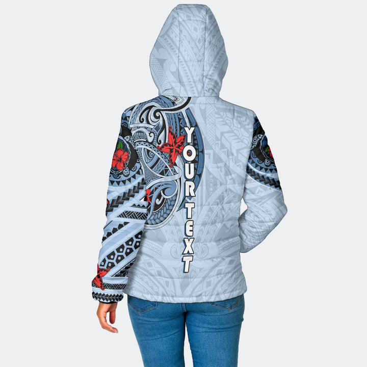 Custom King Kamehameha Hawaiian Women Hooded Padded Jacket Sea Green Plumeria Style