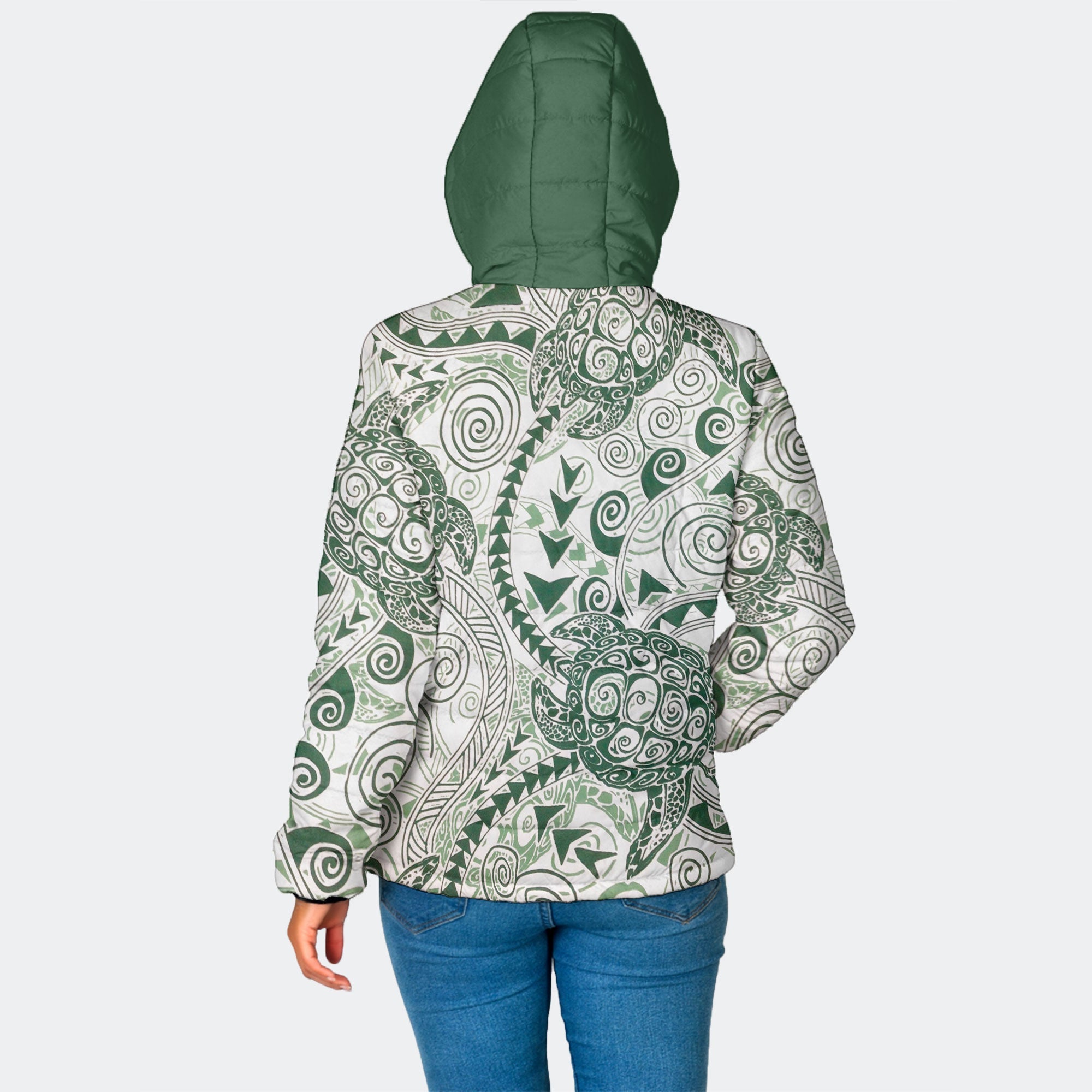 Hawaii Polynesian Turtle Women Hooded Padded Jacket Green Style