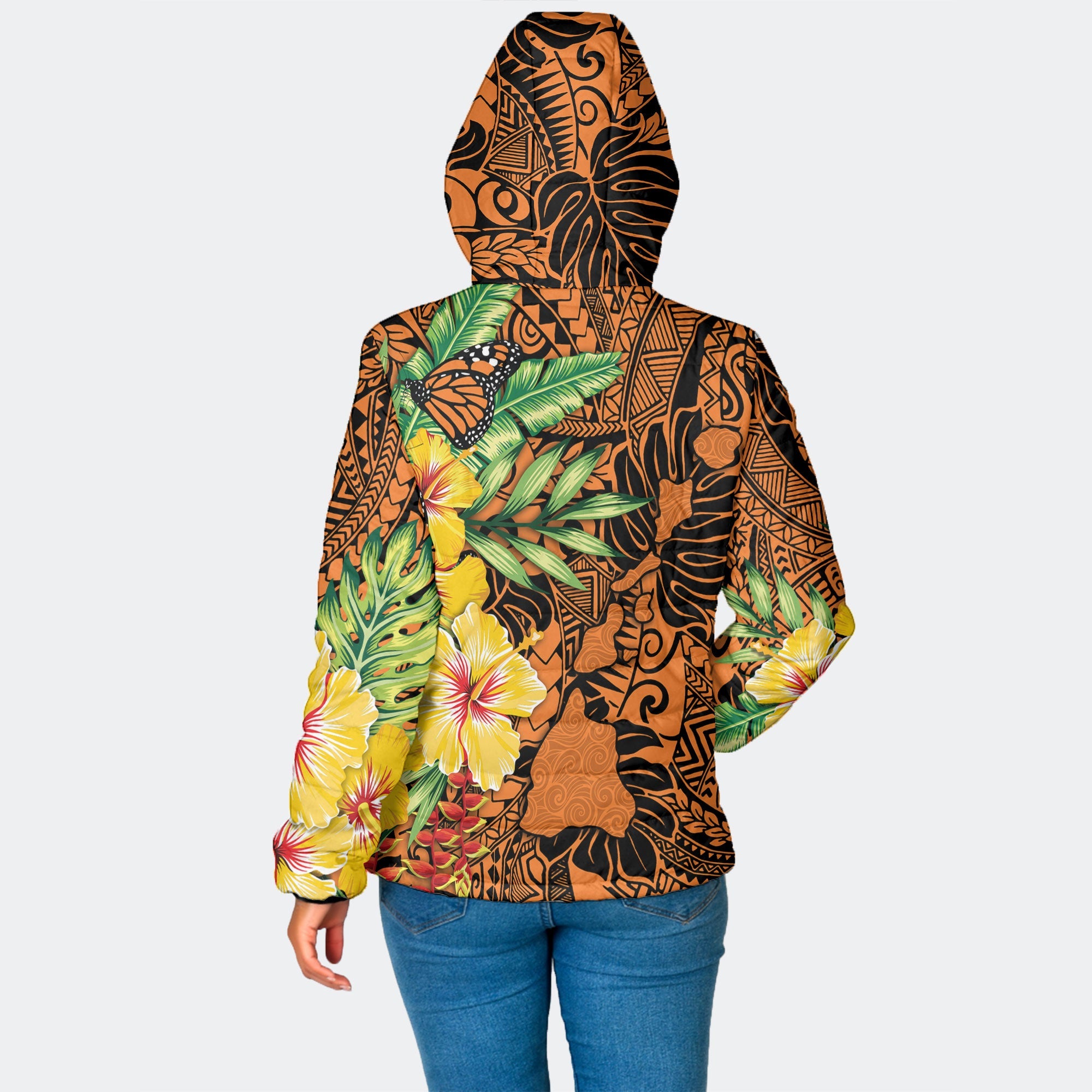 Hawaii Women Hooded Padded Jacket Kamehameha Butterfly Tropical Style