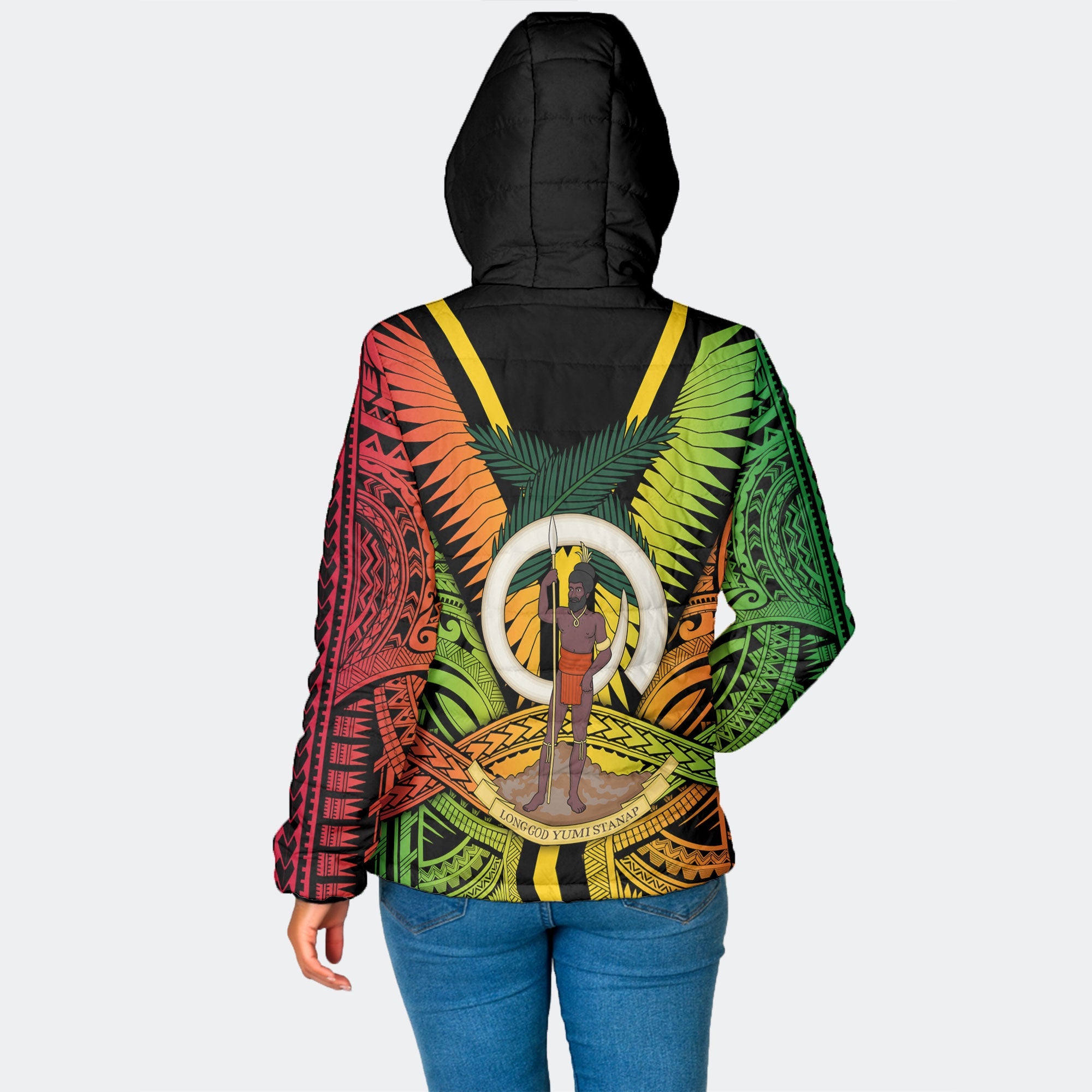 Vanuatu Women Hooded Padded Jacket Coat Of Arms Reggae Style