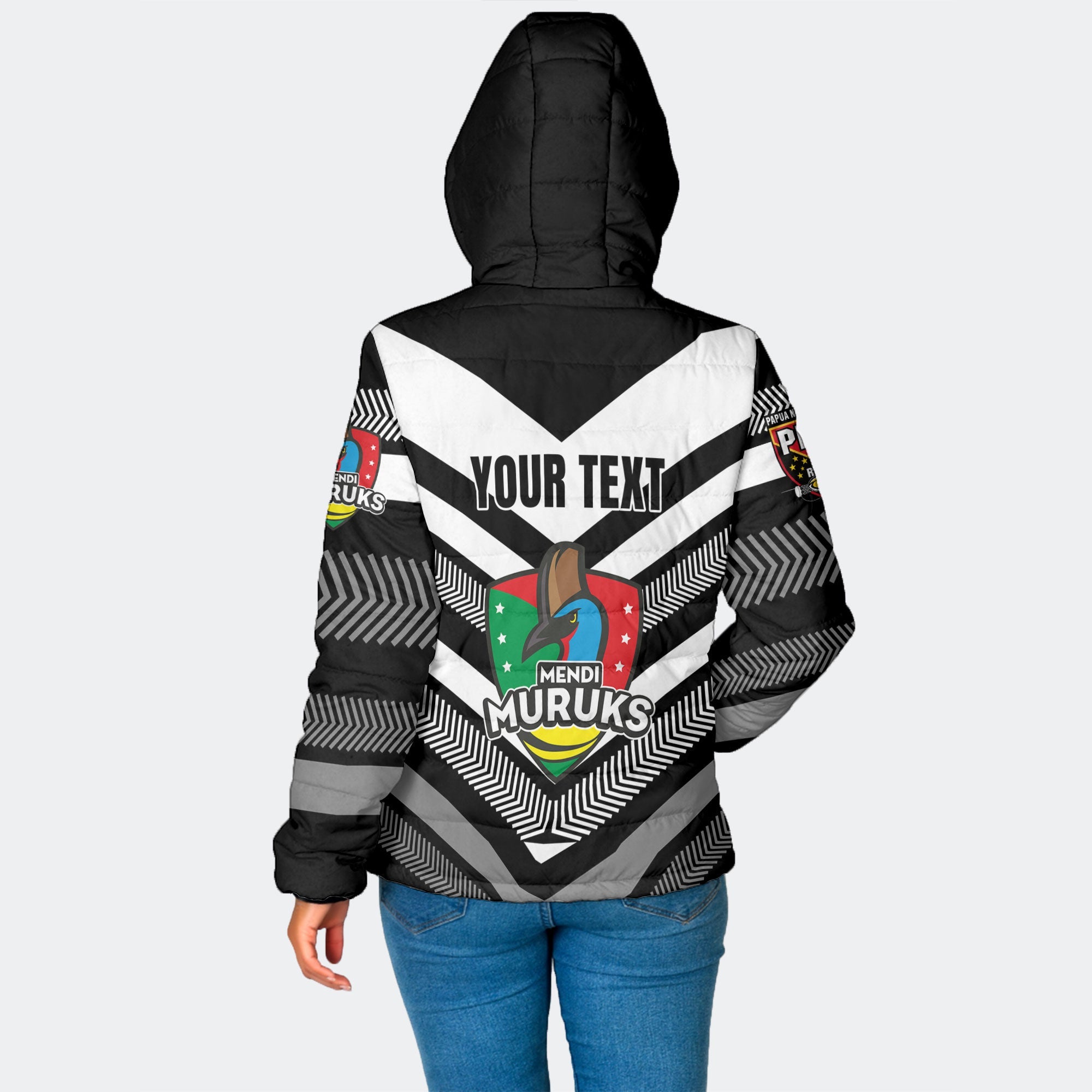 Custom Mendi Muruks Women Hooded Padded Jacket Papua New Guinea Rugby Black & White Style