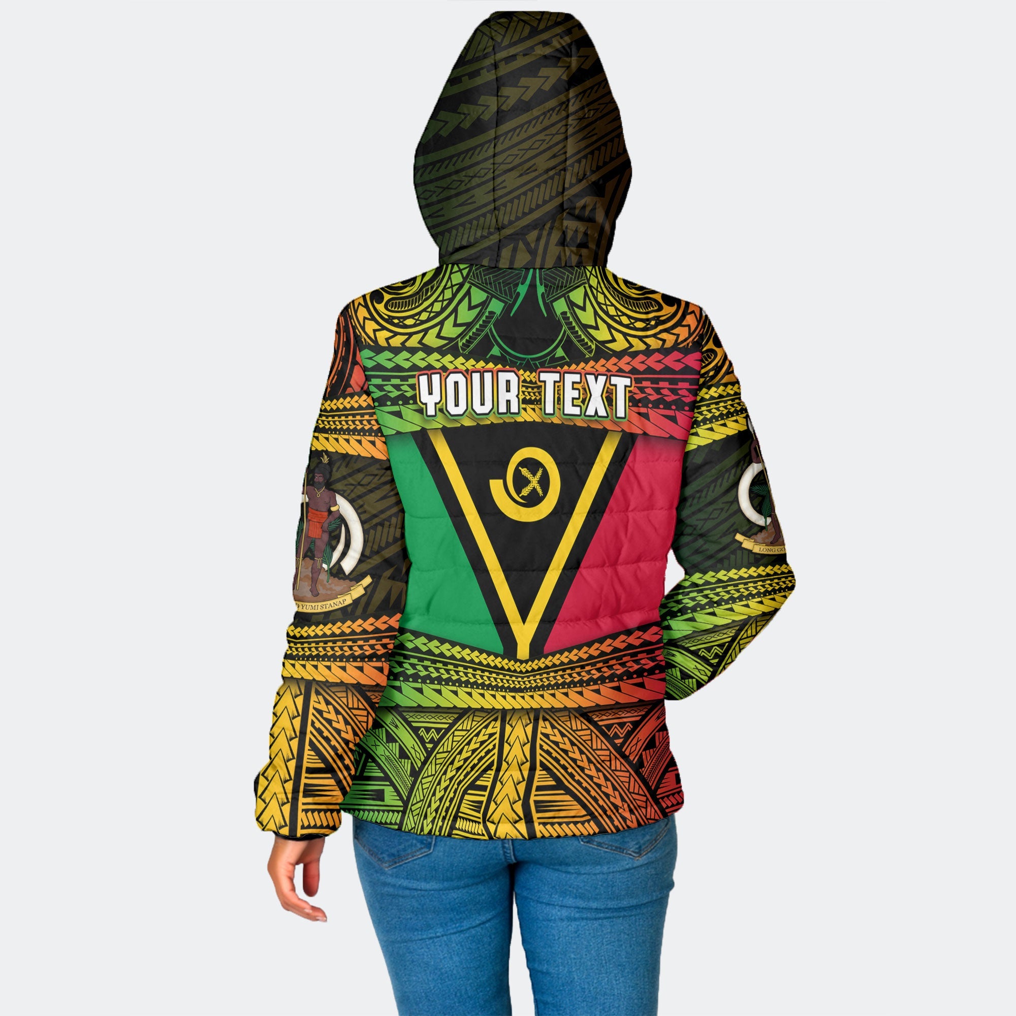 Custom Vanuatu Flag & Coat Of Arms Women Hooded Padded Jacket Reggae Style