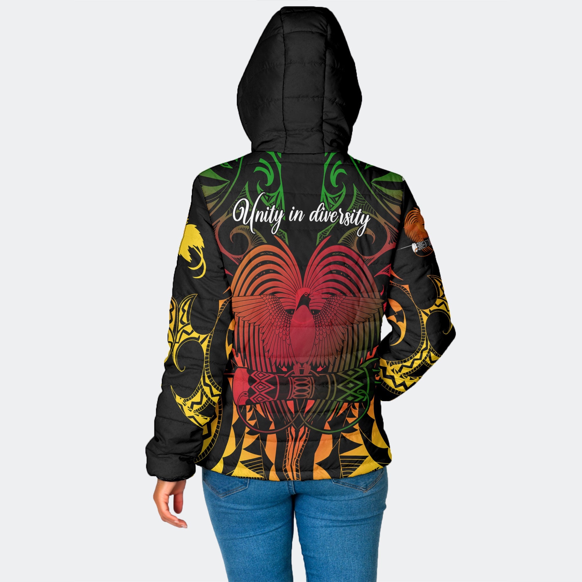 Papua New Guinea Women Hooded Padded Jacket Unity In Diversity Motto