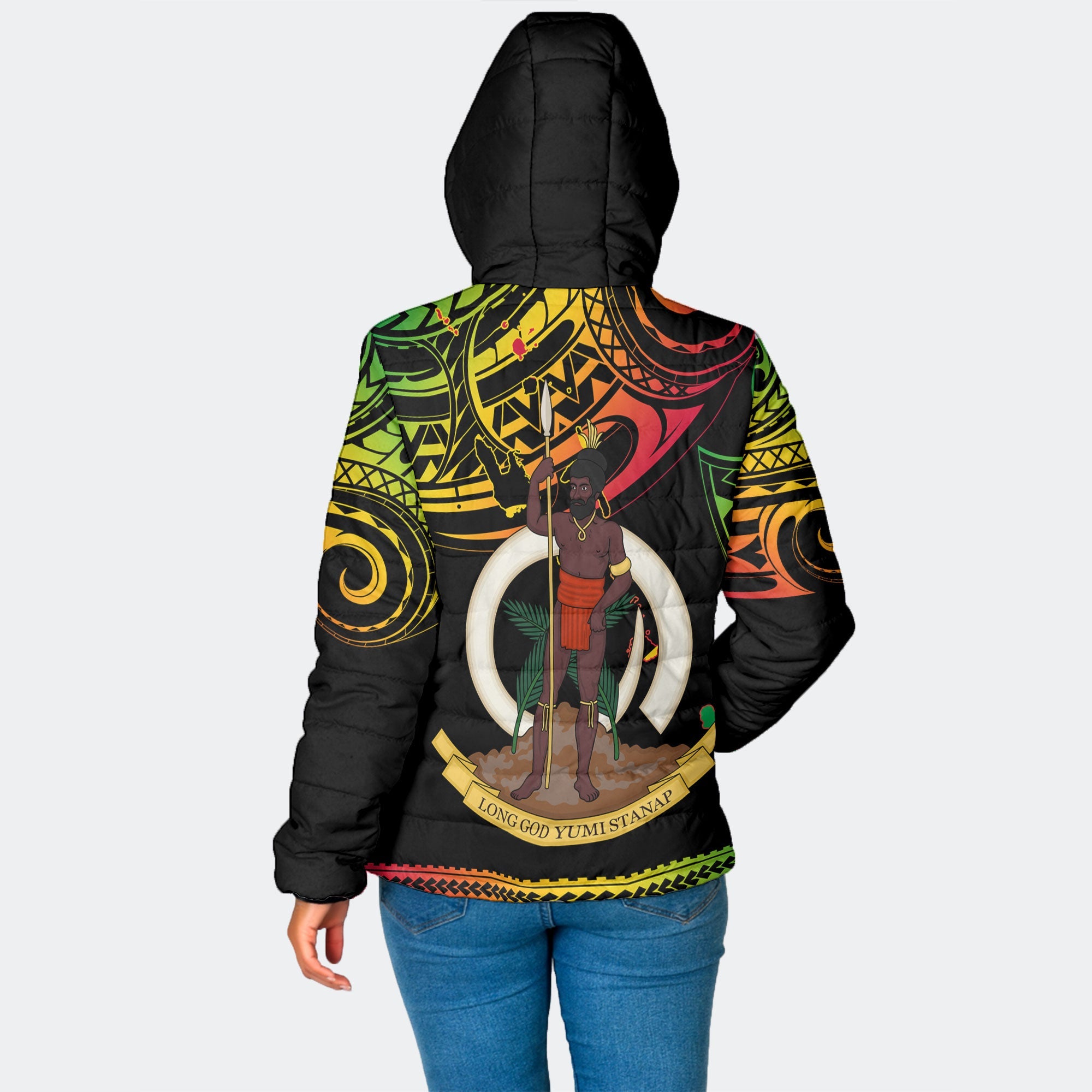 Vanuatu Proud To Be Ni-Van Women Hooded Padded Jacket Coat Of Arms Reggae Style