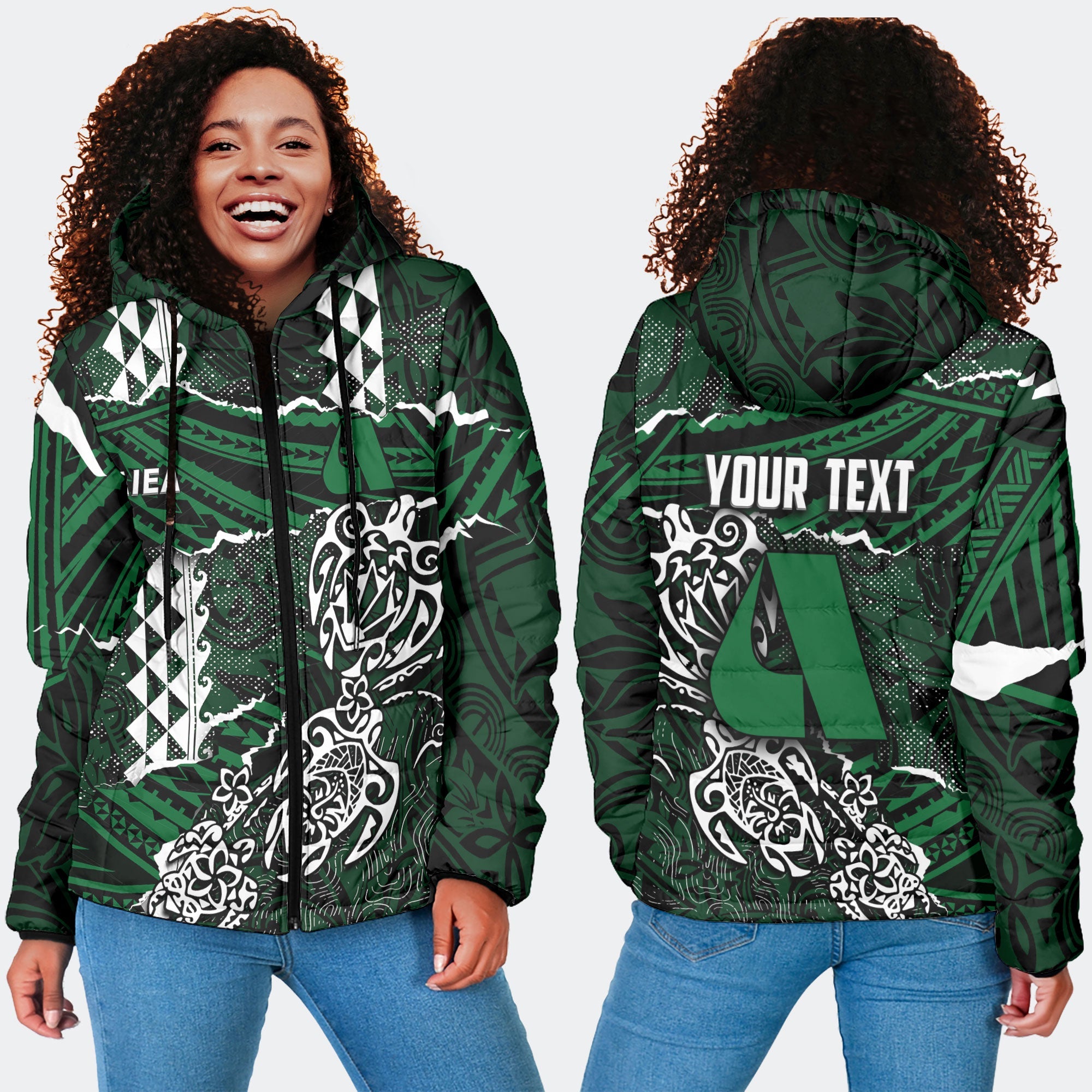 Hawaii Aiea High School Custom Women Hooded Padded Jacket Polynesian Turtle Style