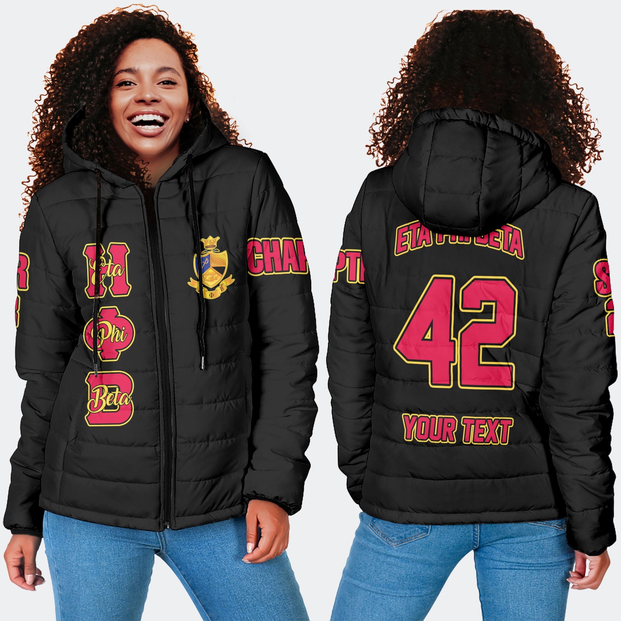 Sorority Jacket - Personalized Eta Phi Beta Women Hooded Padded Jacket Original Black Style