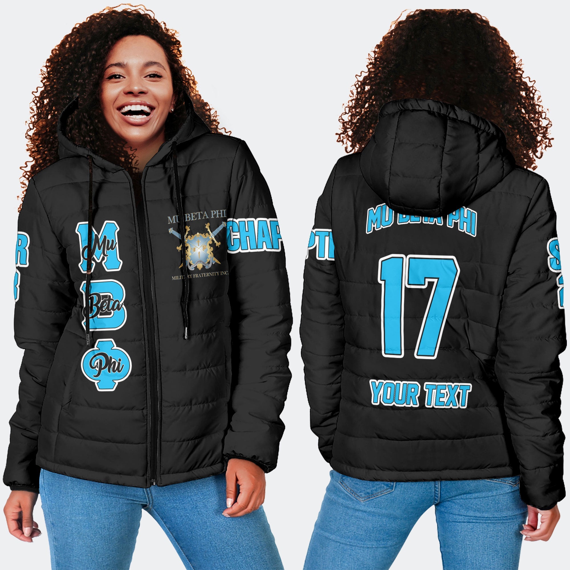 Fraternity Jacket - Personalized Mu Beta Phi Women Hooded Padded Jacket Original Dark Style