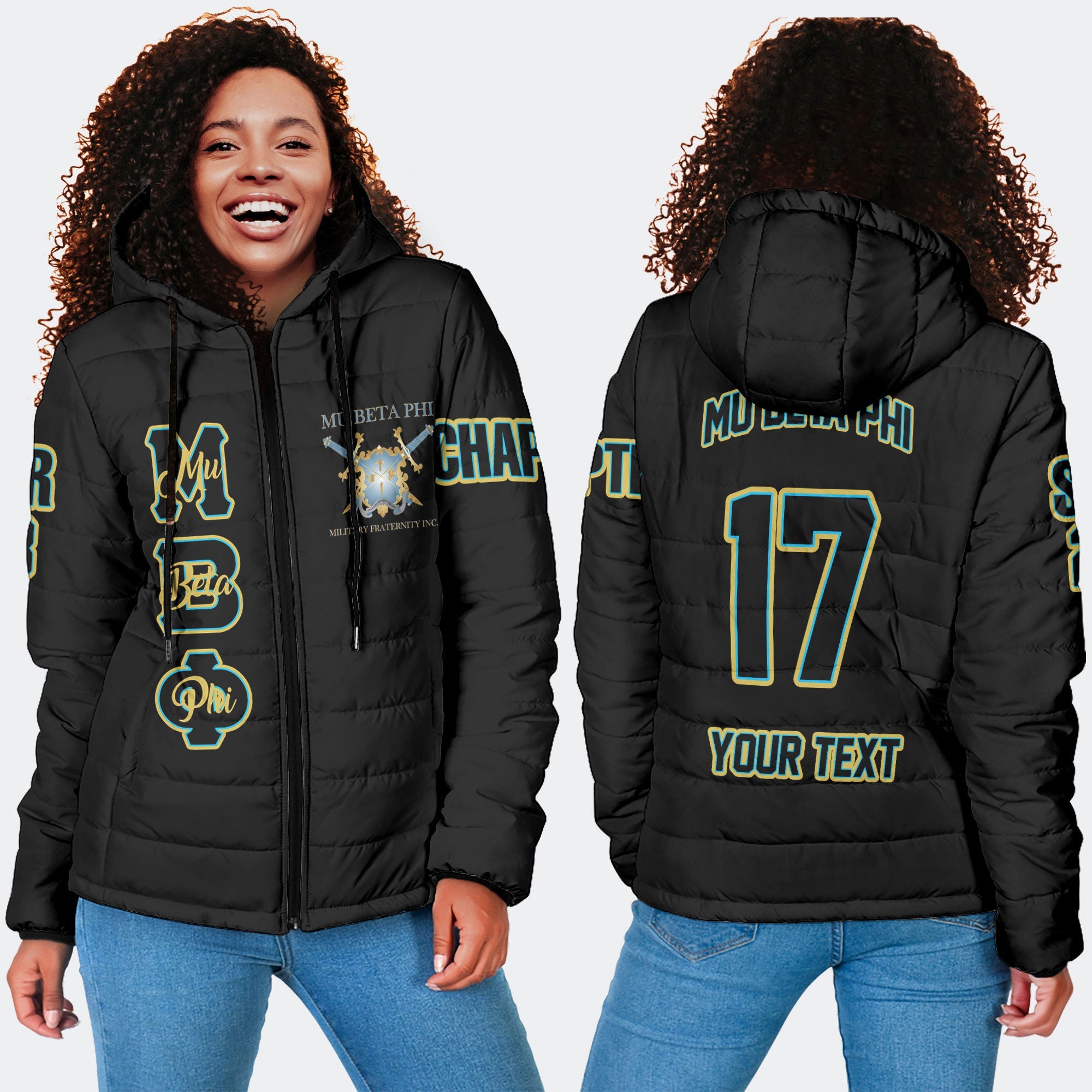 Fraternity Jacket - Personalized Mu Beta Phi Women Hooded Padded Jacket Original Black Style