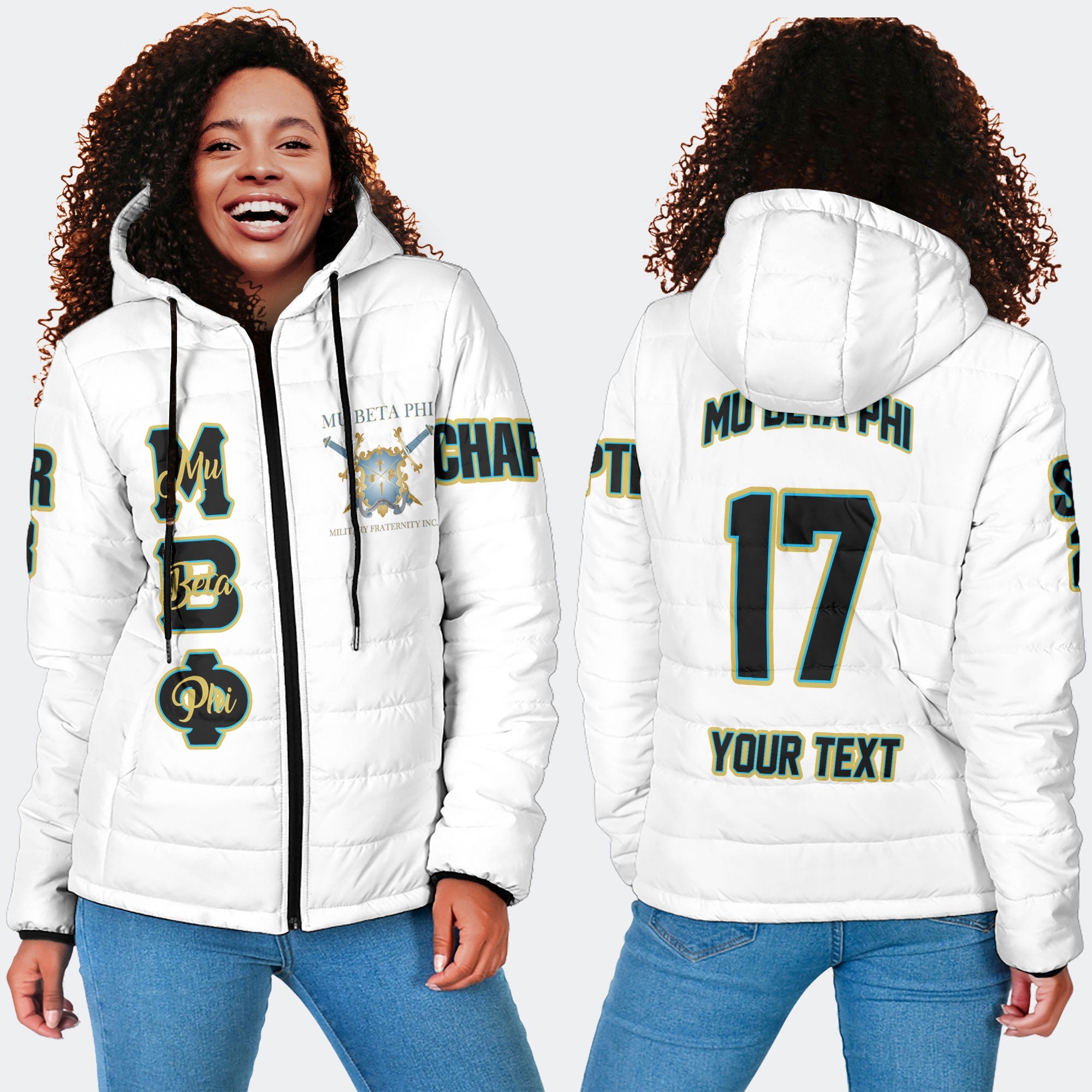 Fraternity Jacket - Personalized Mu Beta Phi Women Hooded Padded Jacket Original White Style