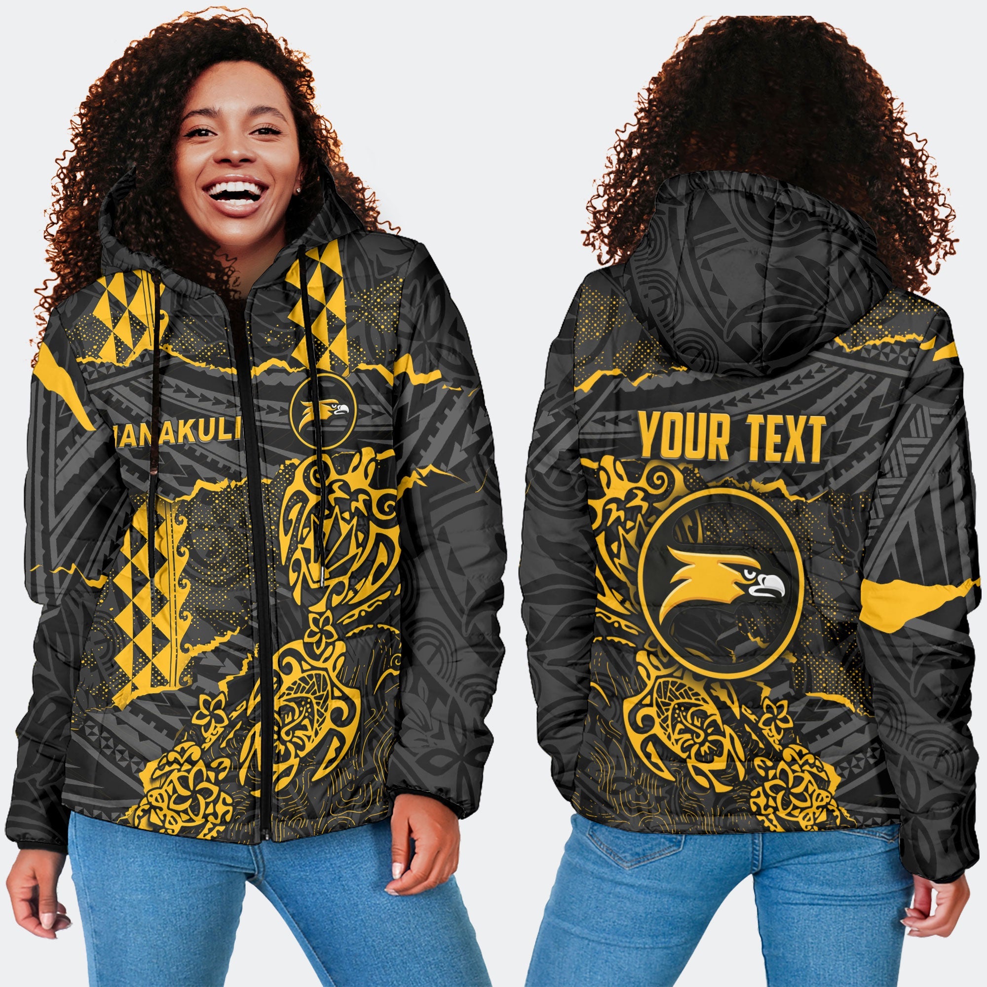 Hawaii Nanakuli High School Custom Women Hooded Padded Jacket Polynesian Turtle Style