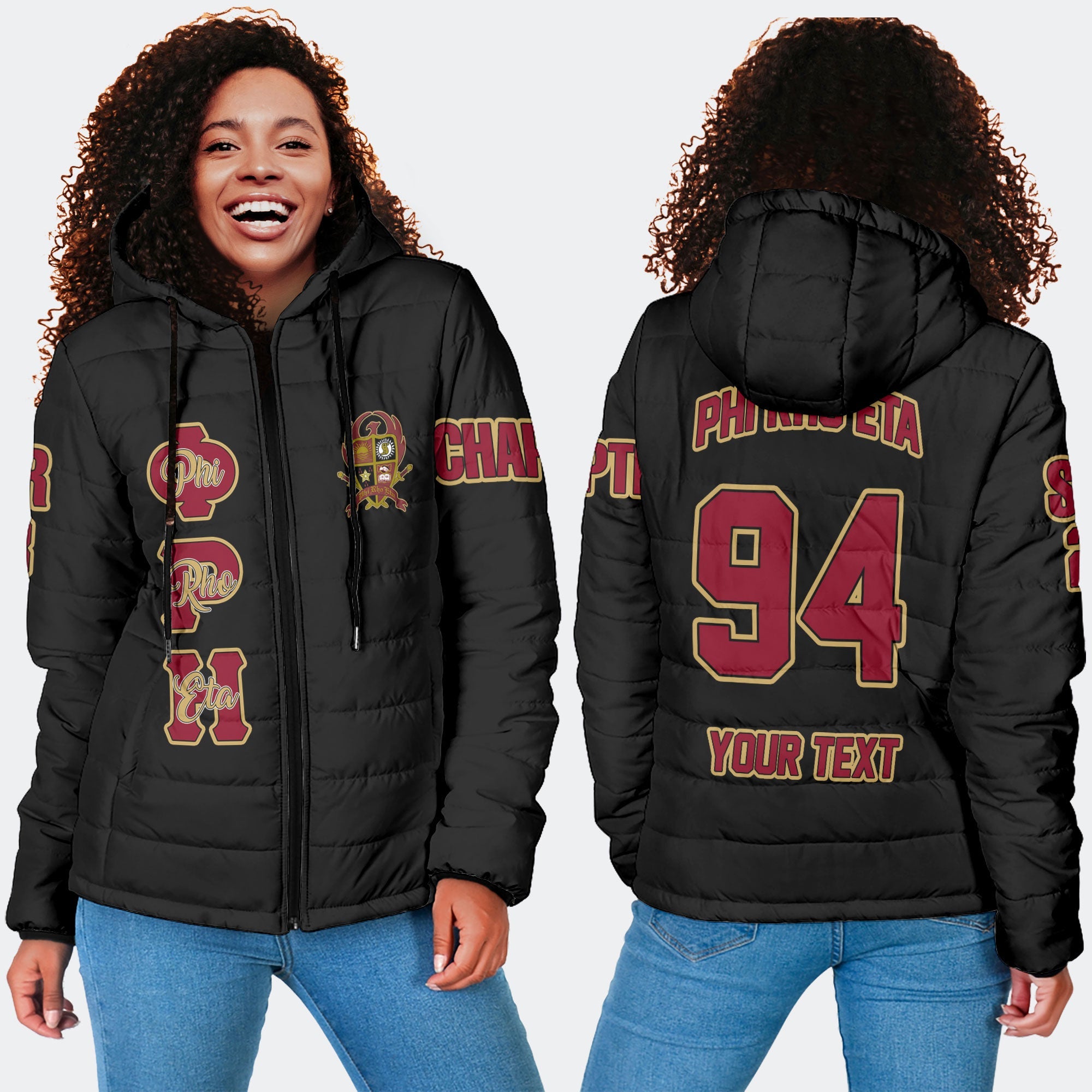 Fraternity Jacket - Personalized Phi Rho Eta Women Hooded Padded Jacket Original Dark Style