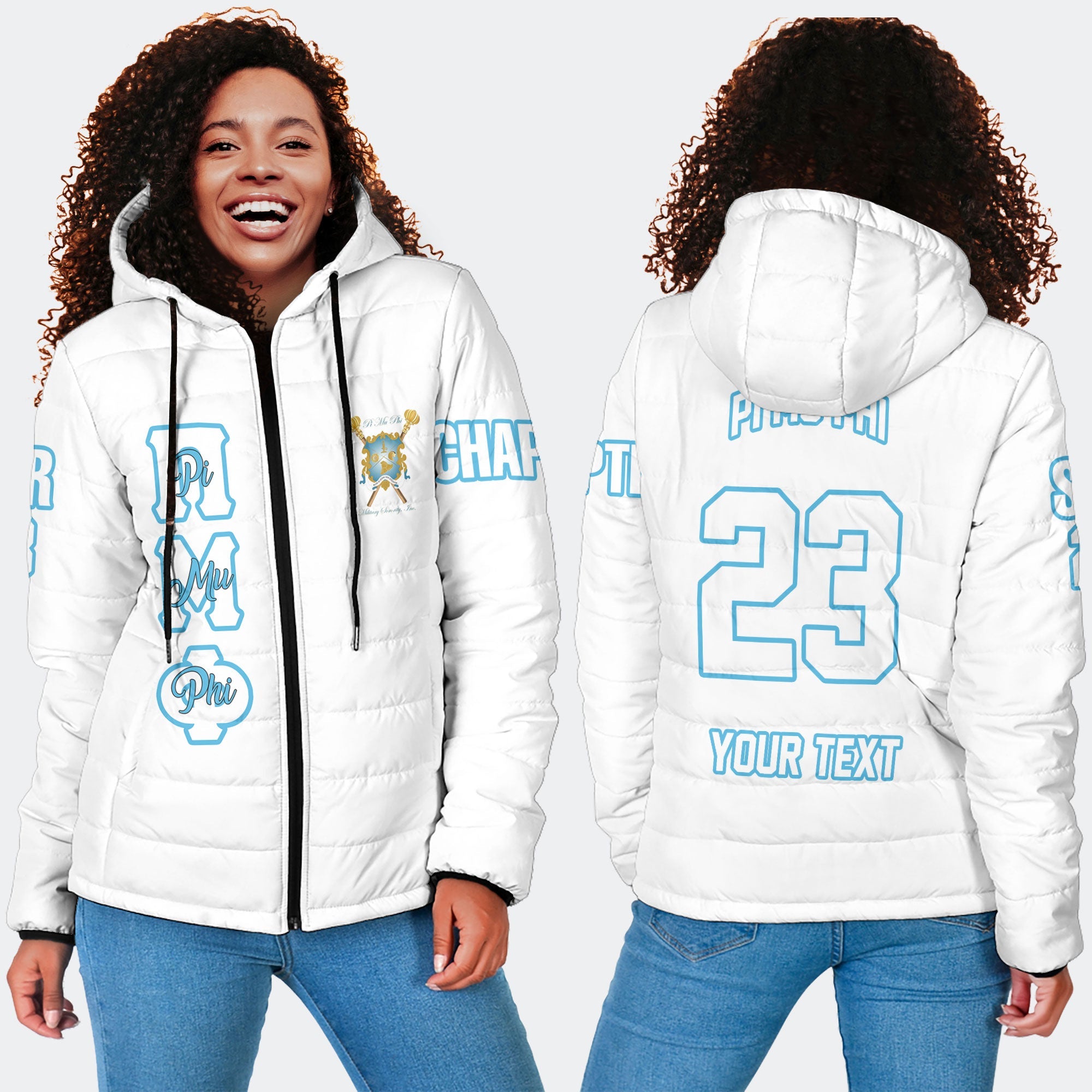 Sorority Jacket - Personalized Pi Mu Phi Women Hooded Padded Jacket Original White Style