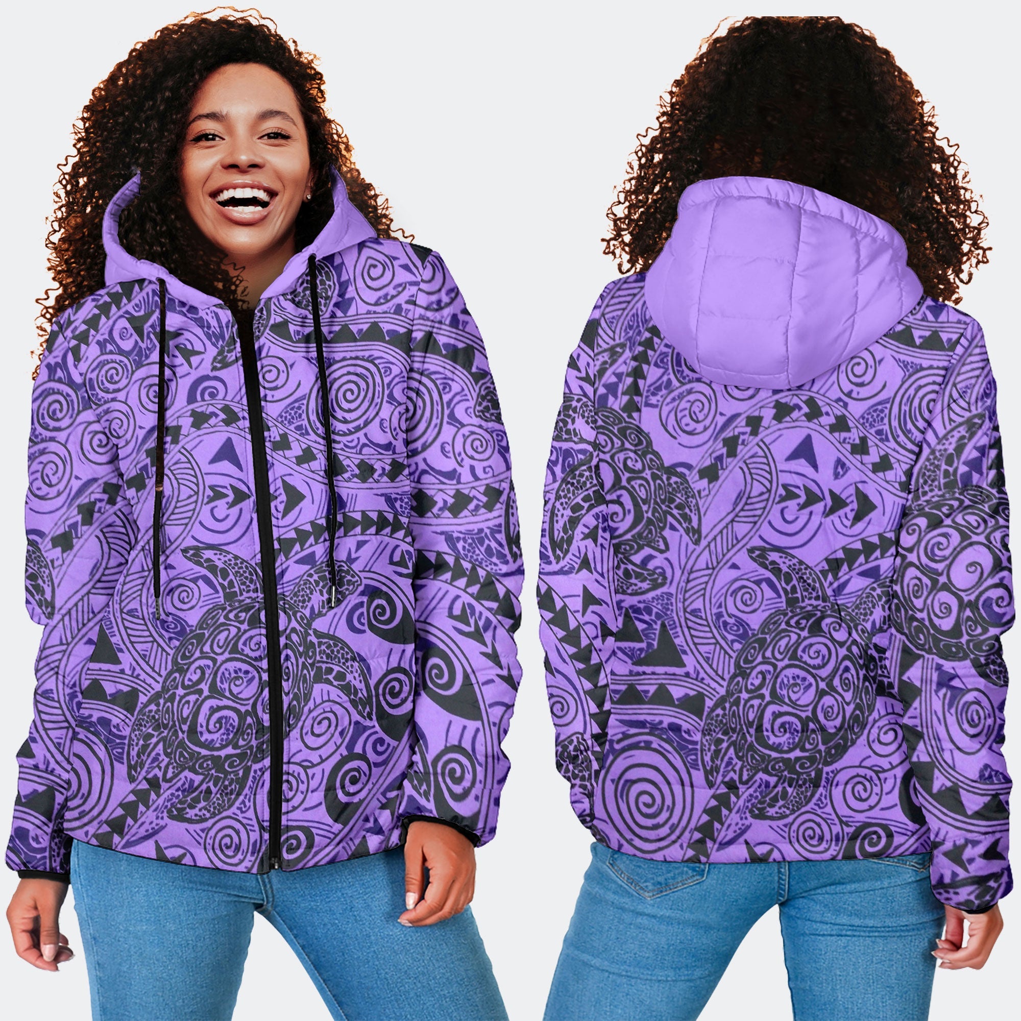 Hawaii Polynesian Turtle Women Hooded Padded Jacket Purple Style