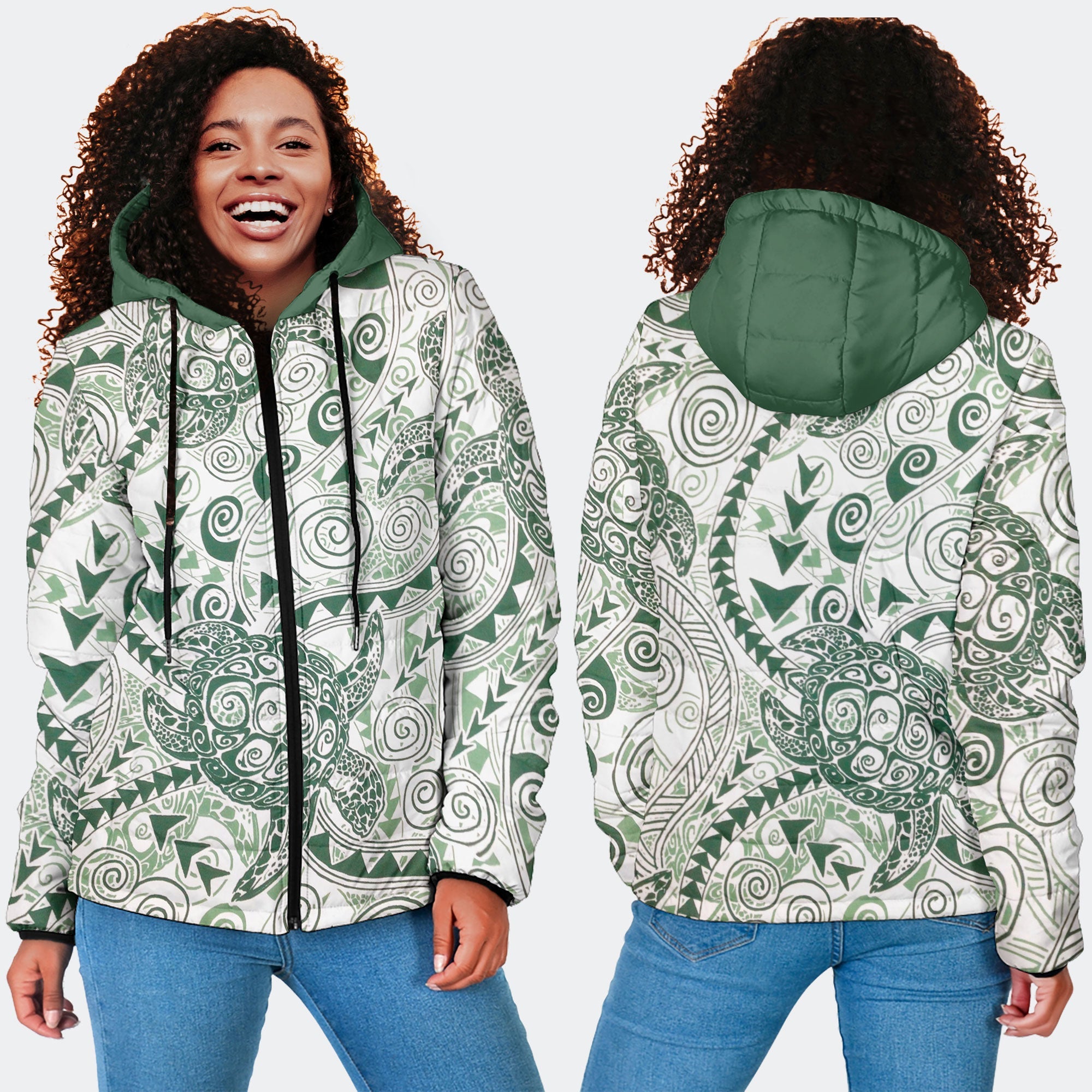 Hawaii Polynesian Turtle Women Hooded Padded Jacket Green Style