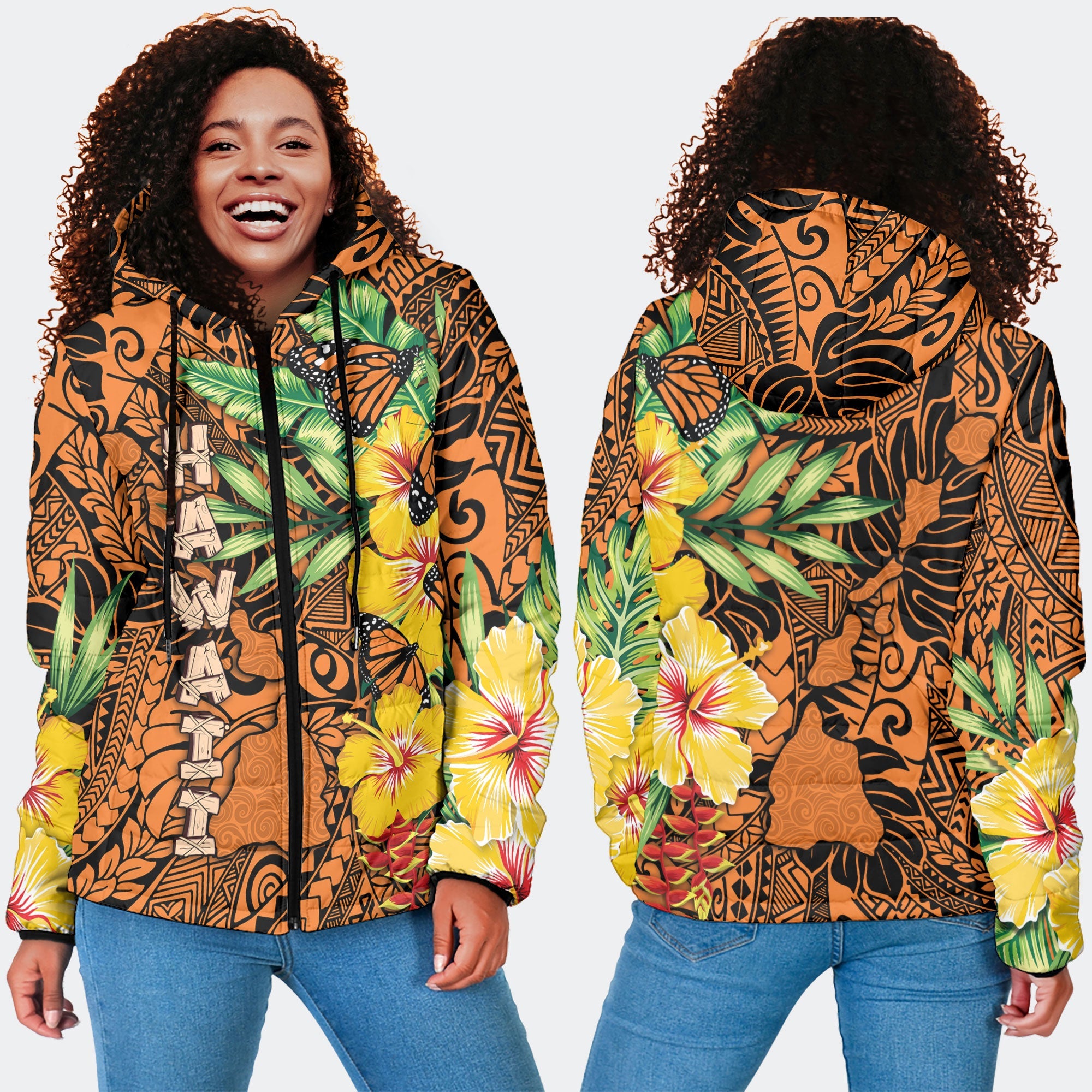 Hawaii Women Hooded Padded Jacket Kamehameha Butterfly Tropical Style