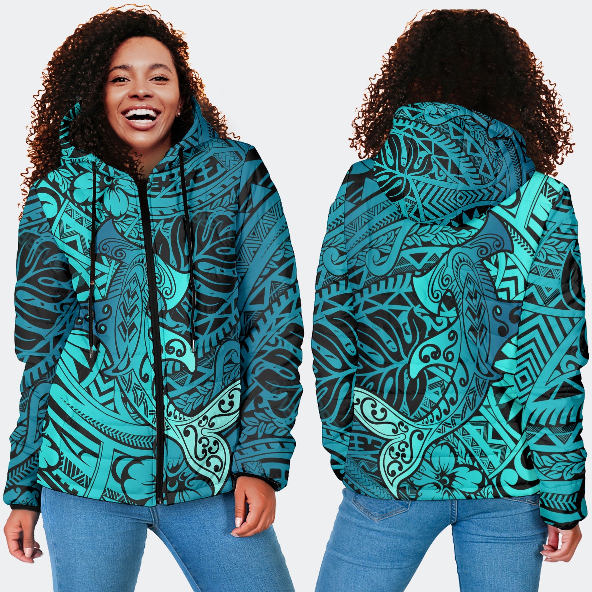 Hawaii Hammerhead Shark Women Hooded Padded Jacket Light See Blue Style