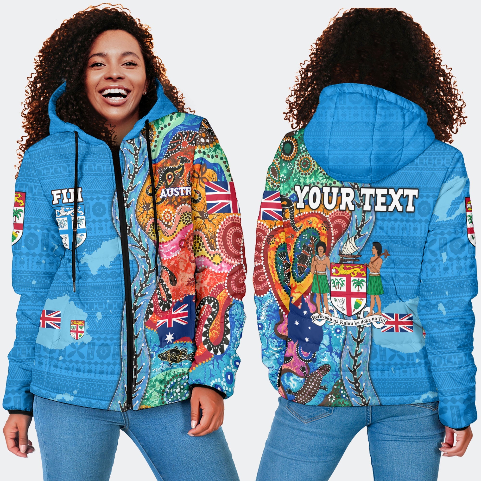 Custom Fiji Tapa & Australia Aboriginal Women Hooded Padded Jacket